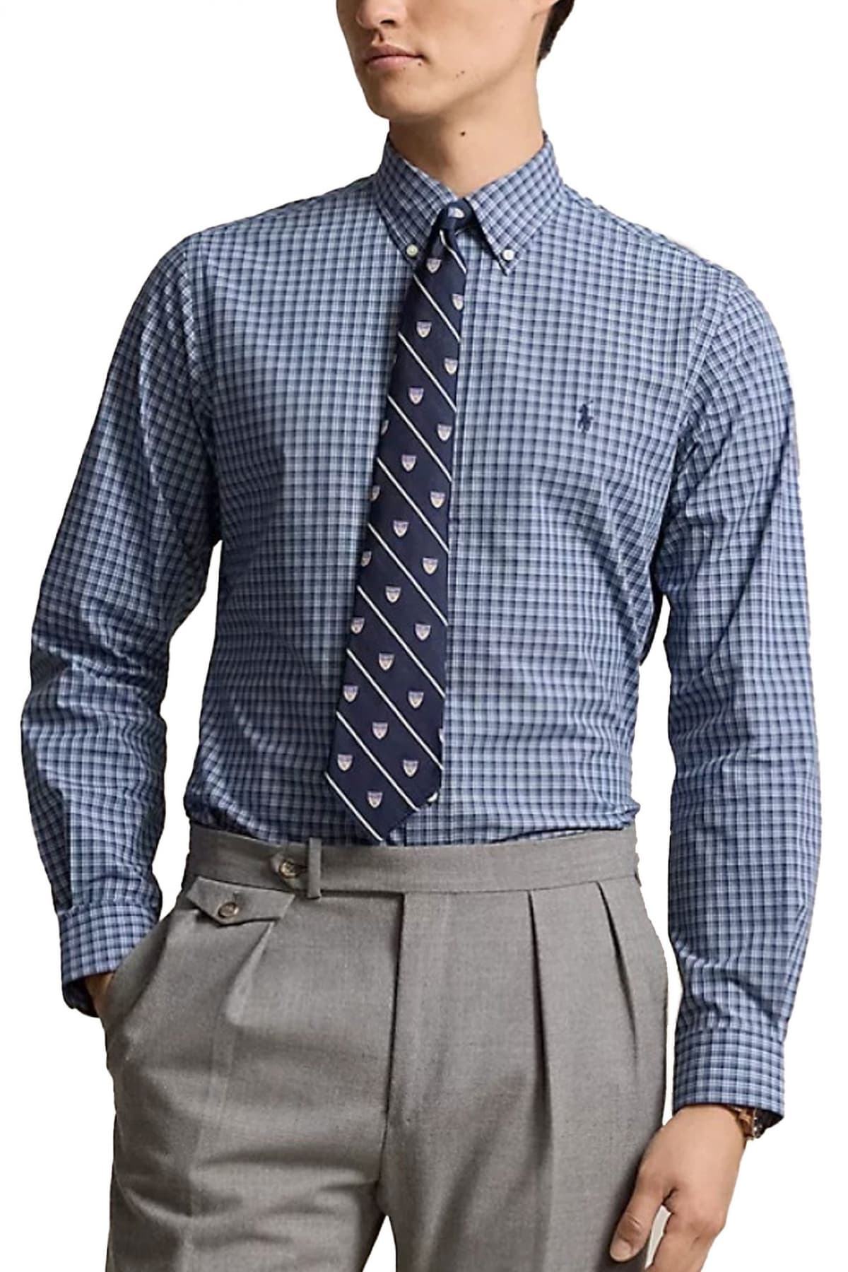 RALPH LAUREN ΠΟΥΚΑΜΙΣΟ BUTTON DOWN ΚΑΡΩ LOGO ΜΠΛΕ