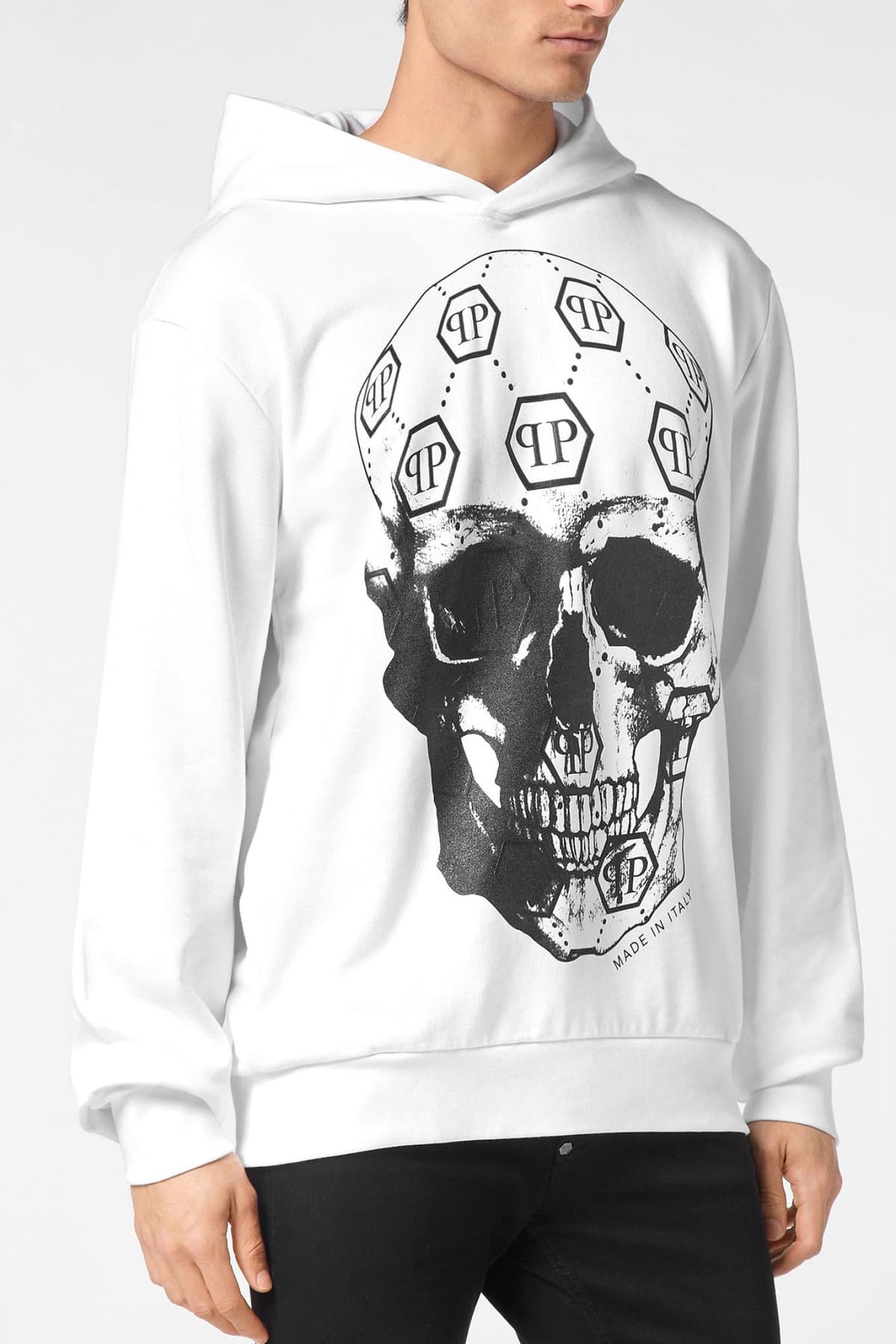 PHILIPP PLEIN ΦΟΥΤΕΡ HOODIE SWEATSHIRT SKULL ALL OVER LOGO ΛΕΥΚΟ-ΜΑΥΡΟ