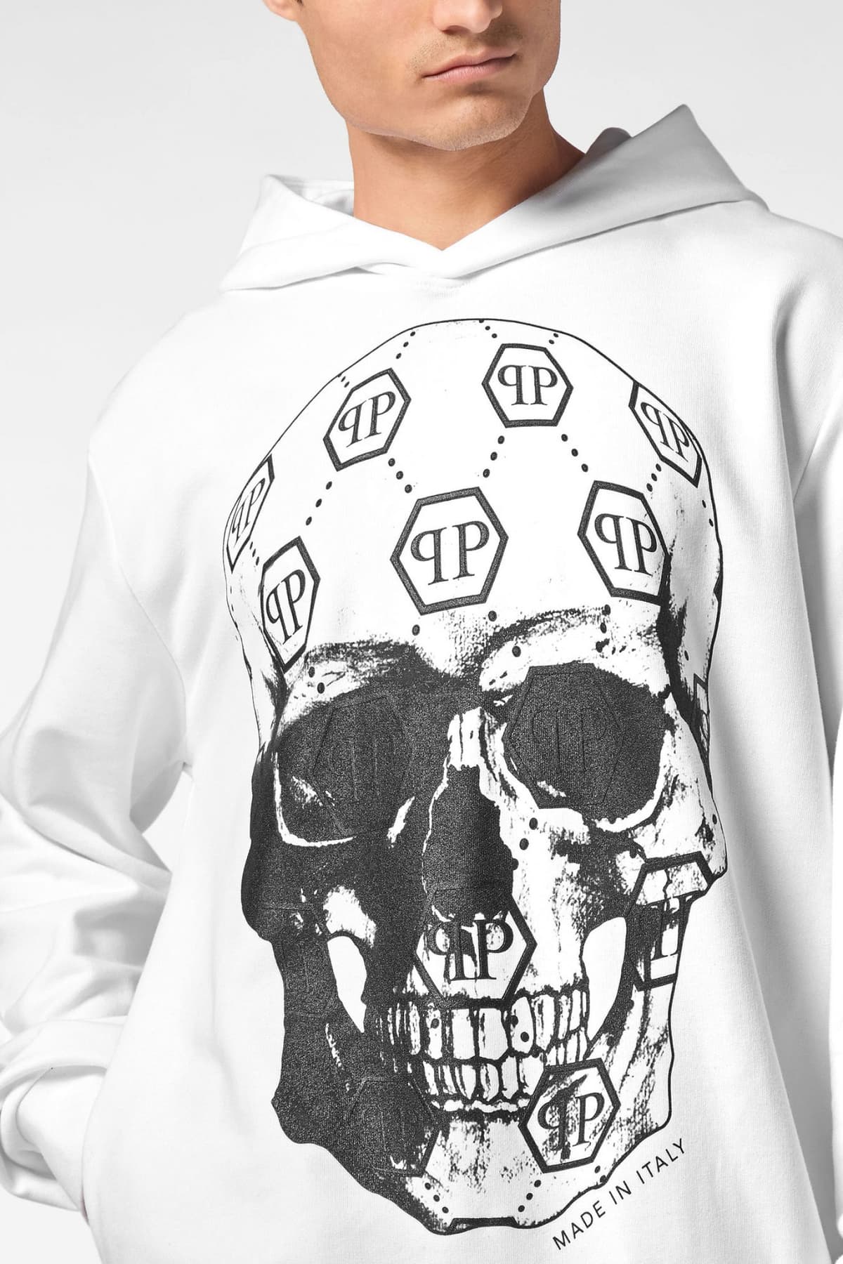 PHILIPP PLEIN ΦΟΥΤΕΡ HOODIE SWEATSHIRT SKULL ALL OVER LOGO ΛΕΥΚΟ-ΜΑΥΡΟ