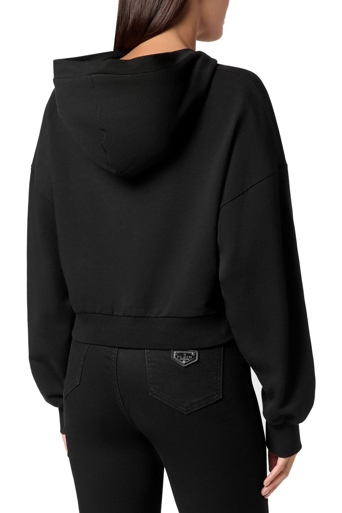 PHILIPP PLEIN ΦΟΥΤΕΡ HOODIE CROPPED CRYSTAL HEXAGON LOGO ΣΤΡΑΣ ΜΑΥΡΟ