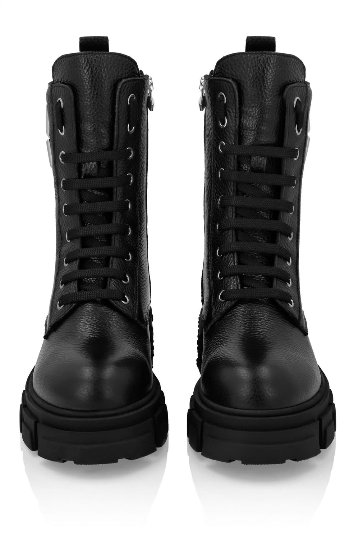 PHILIPP PLEIN ΜΠΟΤΑΚΙ EMPOSSED LEATHER BOOTS MID FLAT LOGO ΜΕΤΑΛΛΙΚΟ ΜΑΥΡΟ