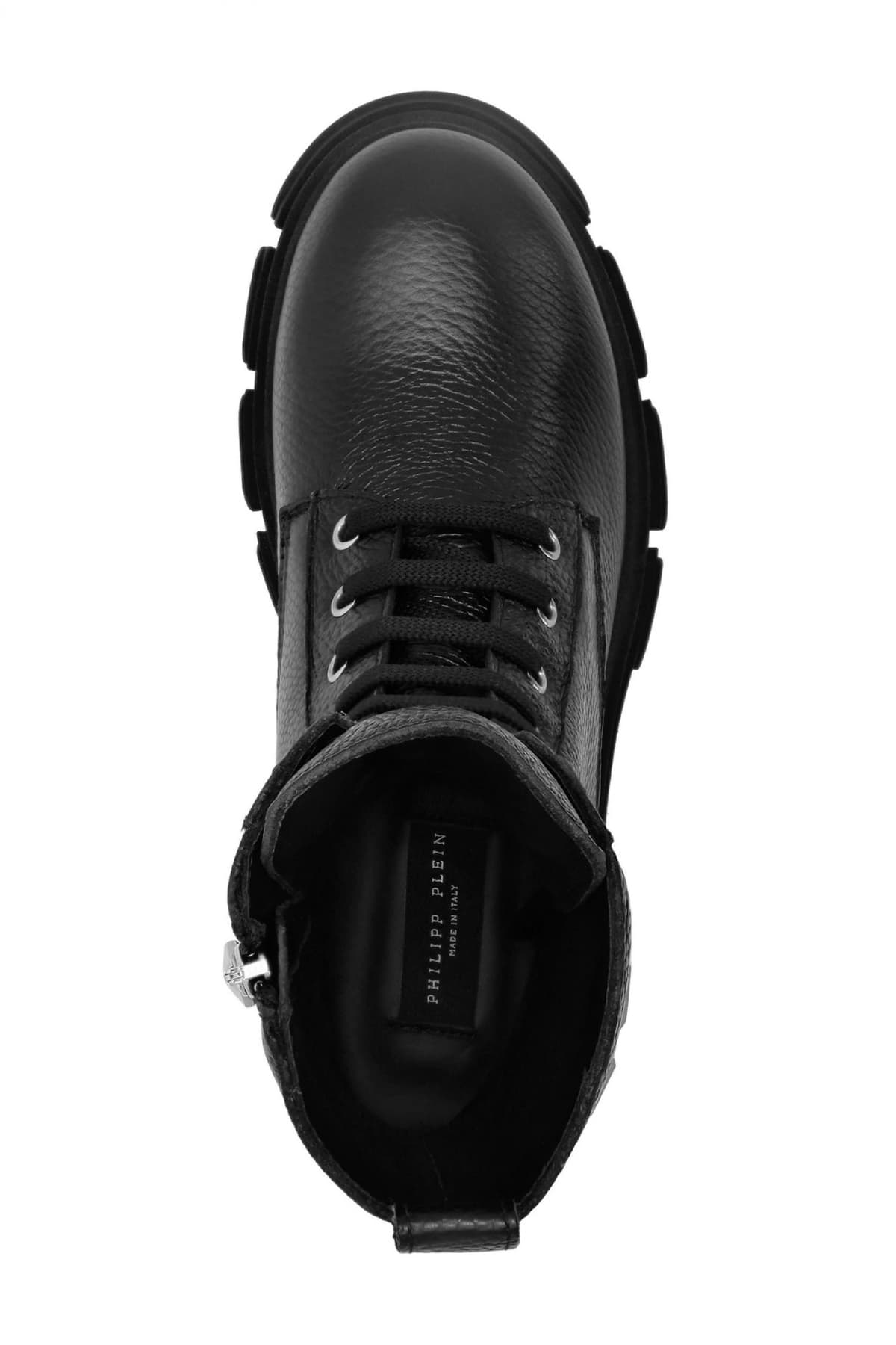 PHILIPP PLEIN ΜΠΟΤΑΚΙ EMPOSSED LEATHER BOOTS MID FLAT LOGO ΜΕΤΑΛΛΙΚΟ ΜΑΥΡΟ