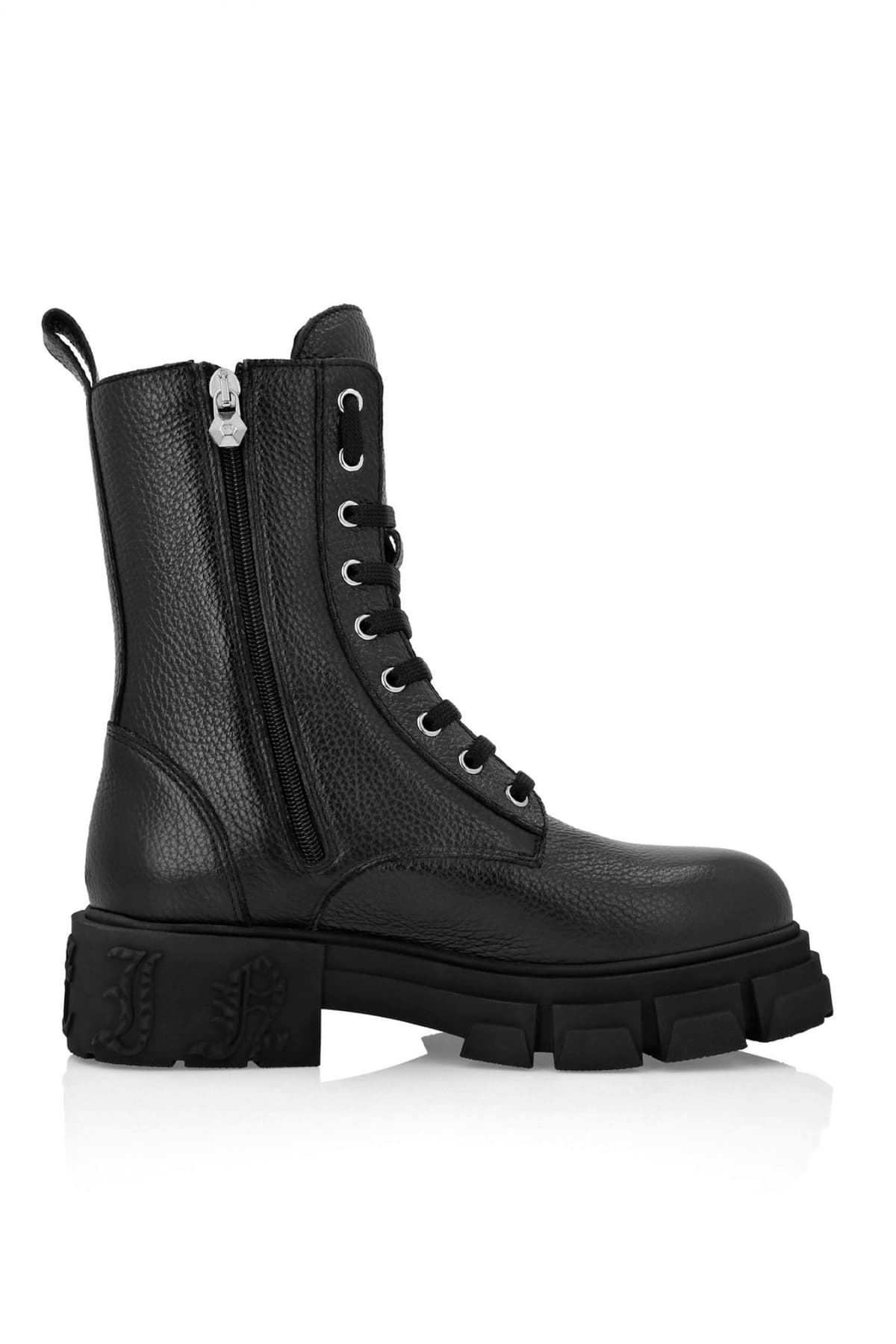 PHILIPP PLEIN ΜΠΟΤΑΚΙ EMPOSSED LEATHER BOOTS MID FLAT LOGO ΜΕΤΑΛΛΙΚΟ ΜΑΥΡΟ
