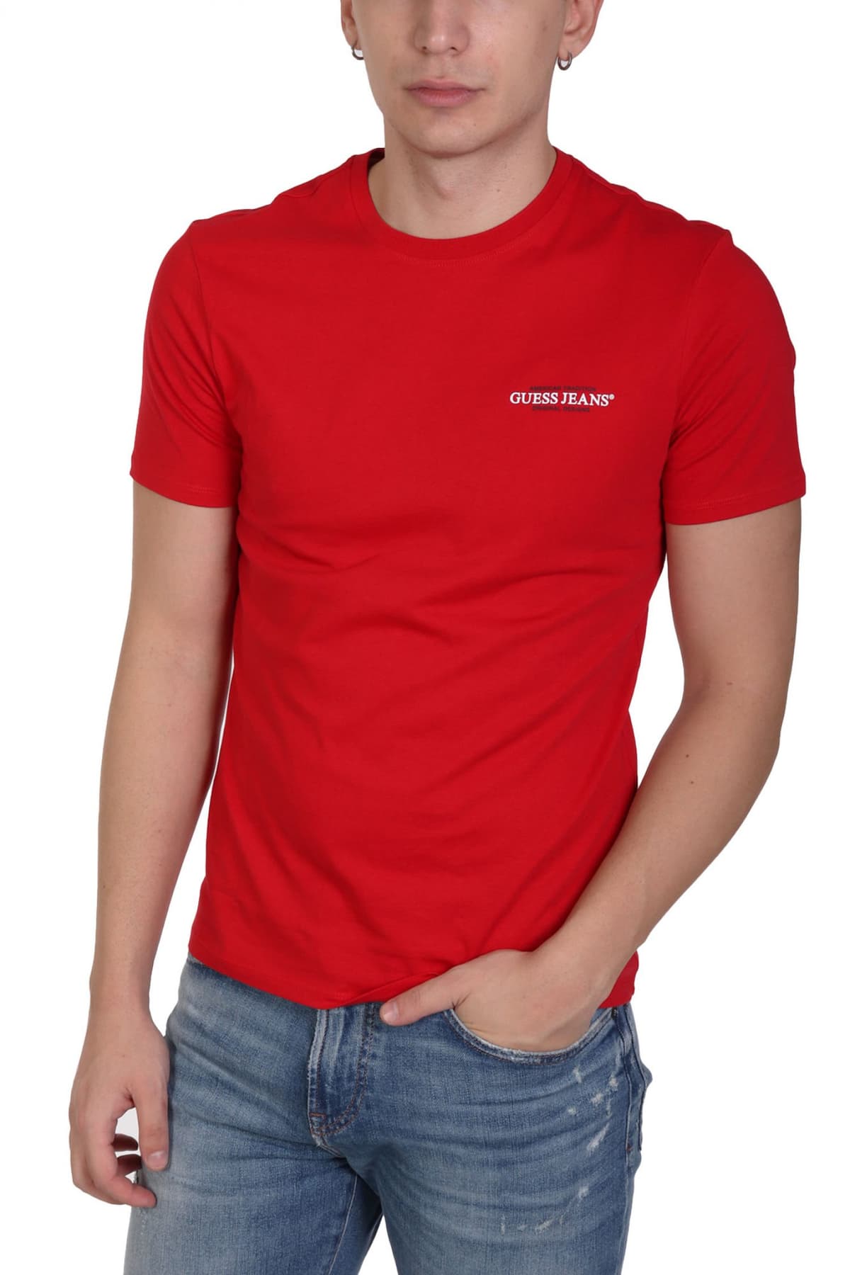 GUESS JEANS T-SHIRT CREWNECK SLIM FIT LOGO ΚΟΚΚΙΝΟ