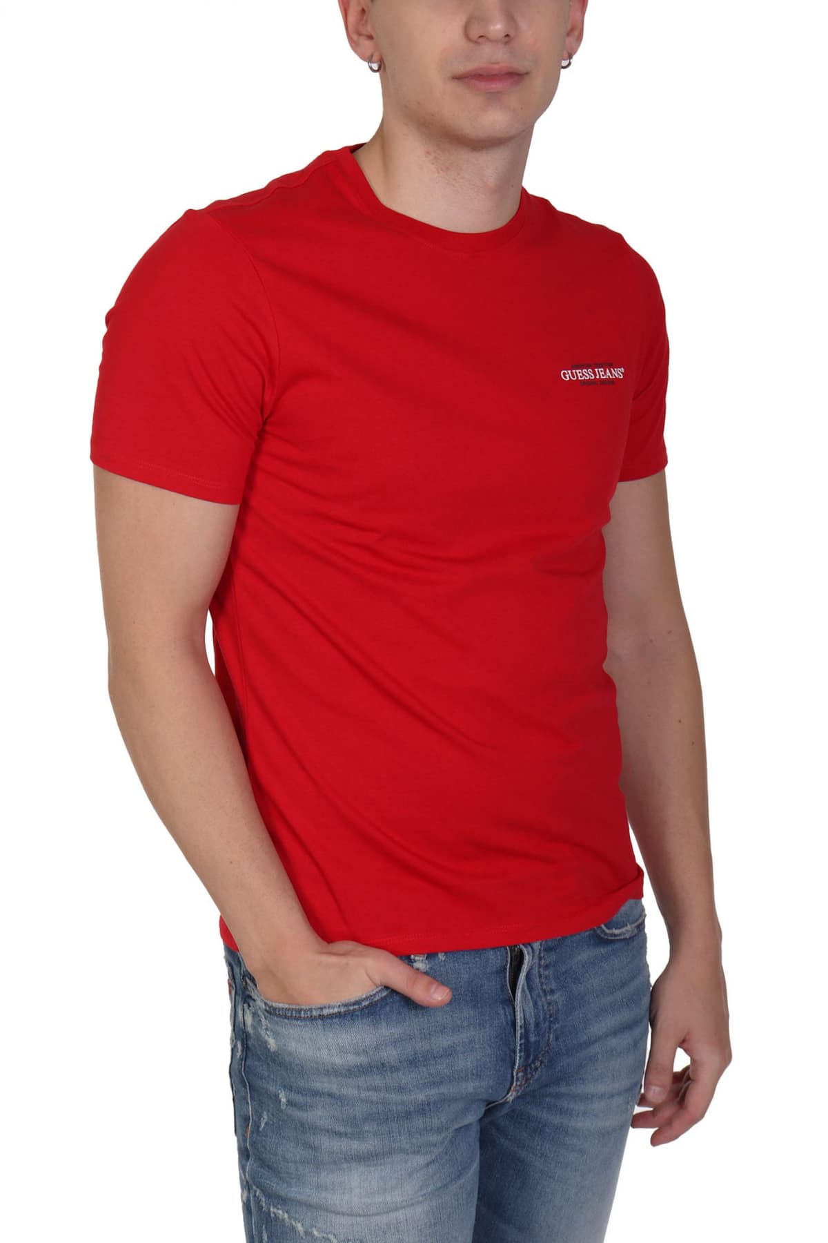 GUESS JEANS T-SHIRT CREWNECK SLIM FIT LOGO ΚΟΚΚΙΝΟ