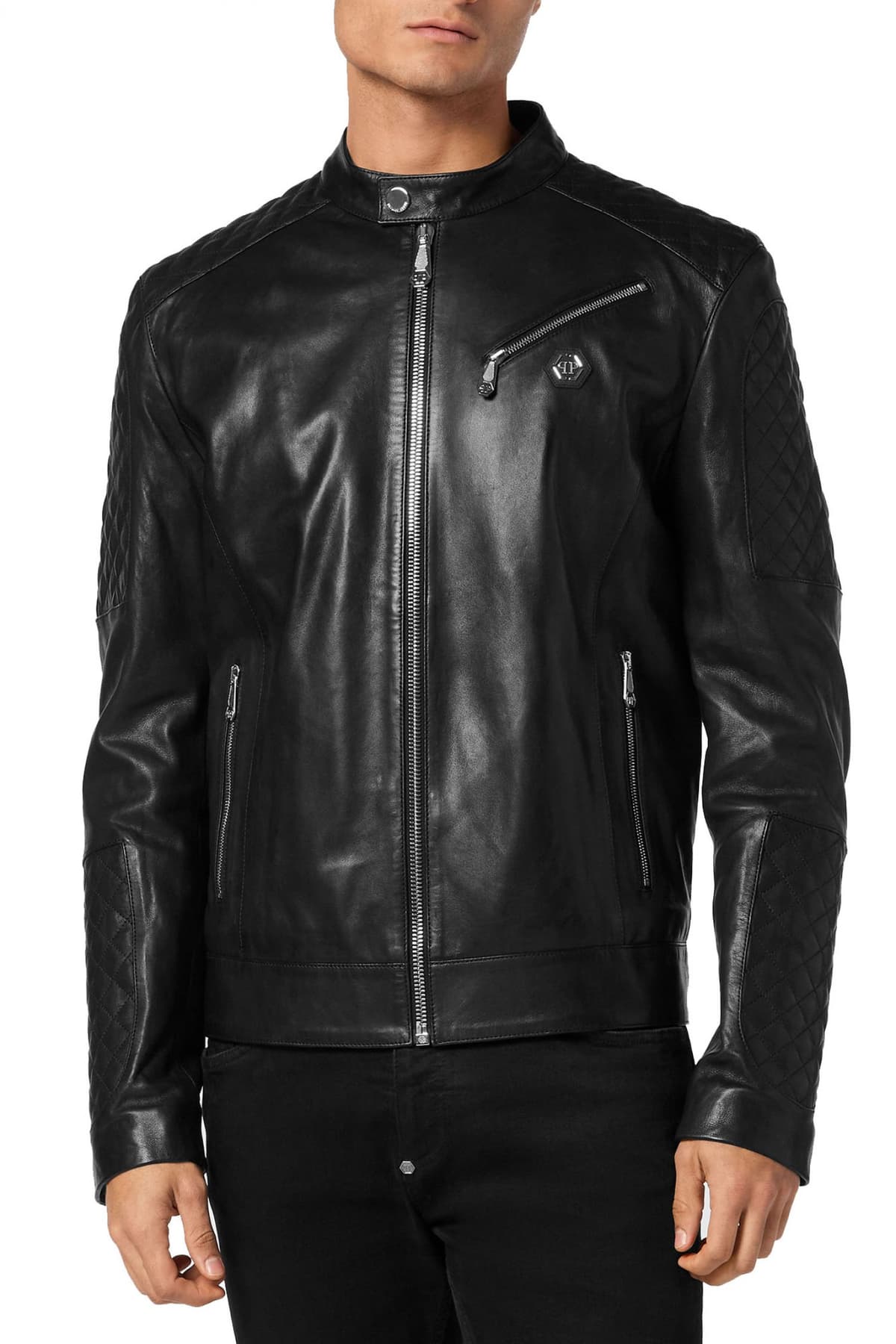 PHILIPP PLEIN ΜΠΟΥΦΑΝ ΔΕΡΜΑΤΙΝΟ PADDED LEATHER MOTO BOMBER LOGO ΜΕΤΑΛΛΙΚΟ ΜΑΥΡΟ