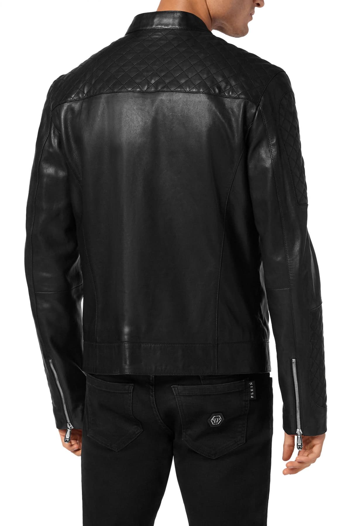 PHILIPP PLEIN ΜΠΟΥΦΑΝ ΔΕΡΜΑΤΙΝΟ PADDED LEATHER MOTO BOMBER LOGO ΜΕΤΑΛΛΙΚΟ ΜΑΥΡΟ