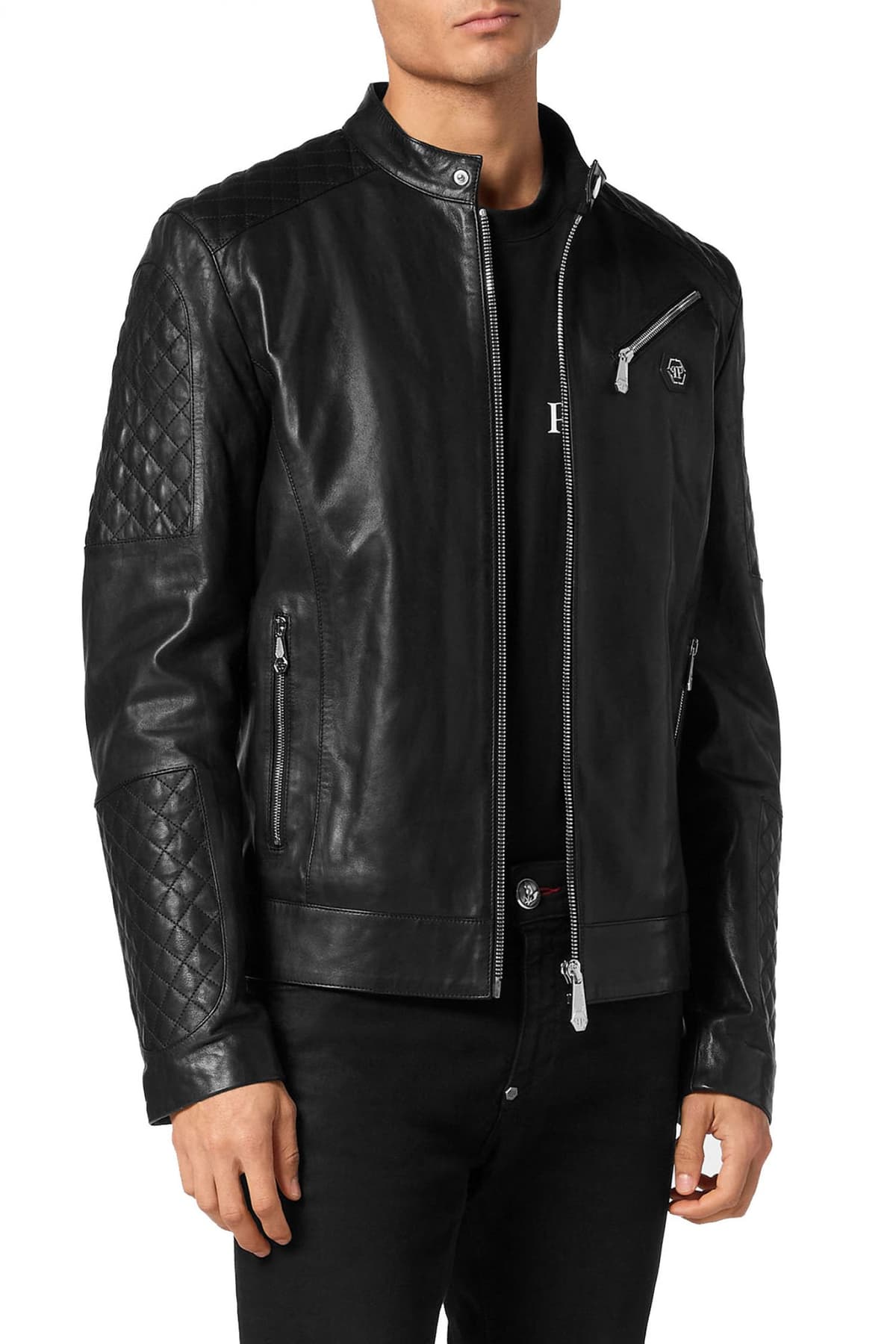 PHILIPP PLEIN ΜΠΟΥΦΑΝ ΔΕΡΜΑΤΙΝΟ PADDED LEATHER MOTO BOMBER LOGO ΜΕΤΑΛΛΙΚΟ ΜΑΥΡΟ