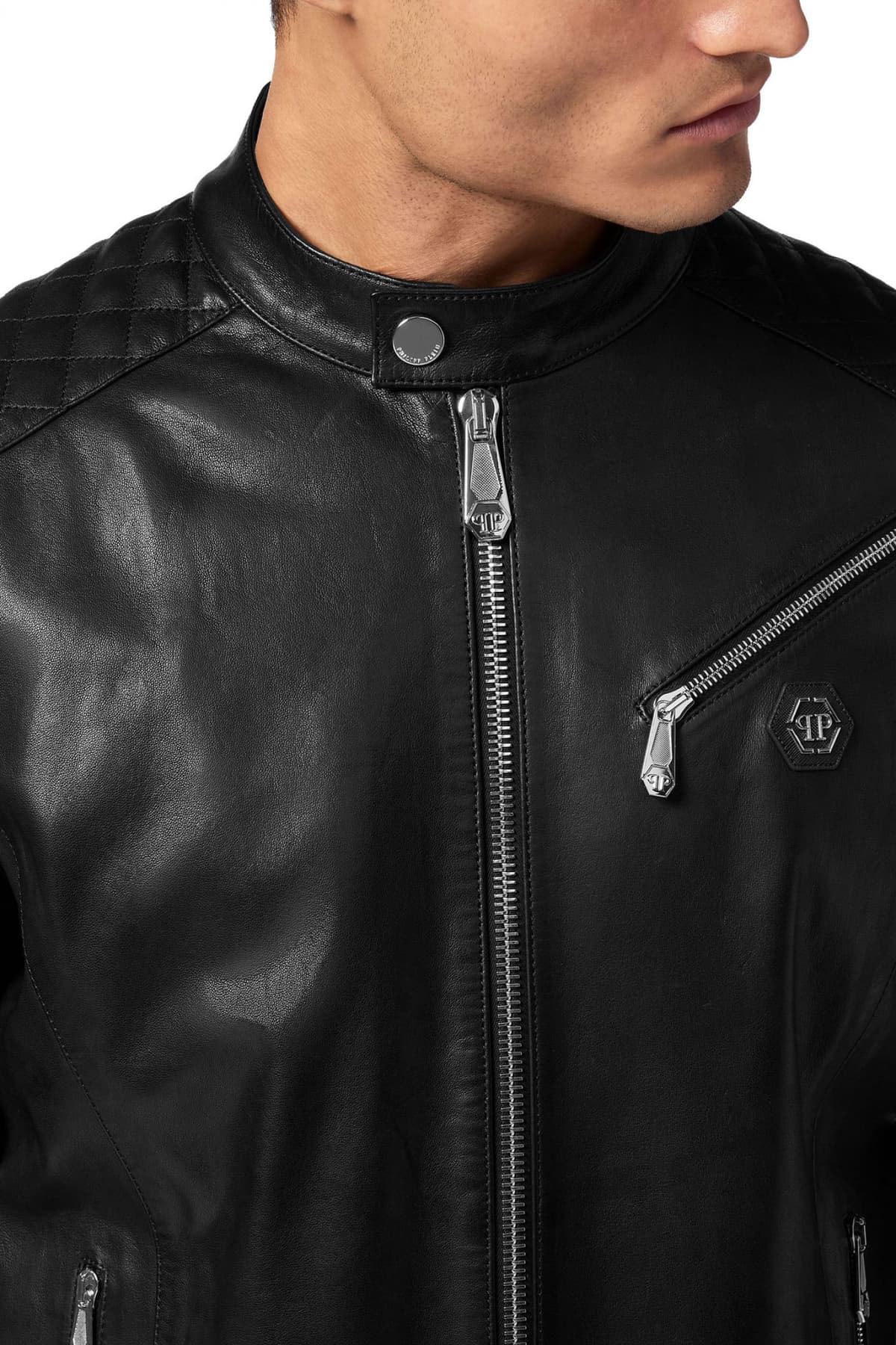 PHILIPP PLEIN ΜΠΟΥΦΑΝ ΔΕΡΜΑΤΙΝΟ PADDED LEATHER MOTO BOMBER LOGO ΜΕΤΑΛΛΙΚΟ ΜΑΥΡΟ