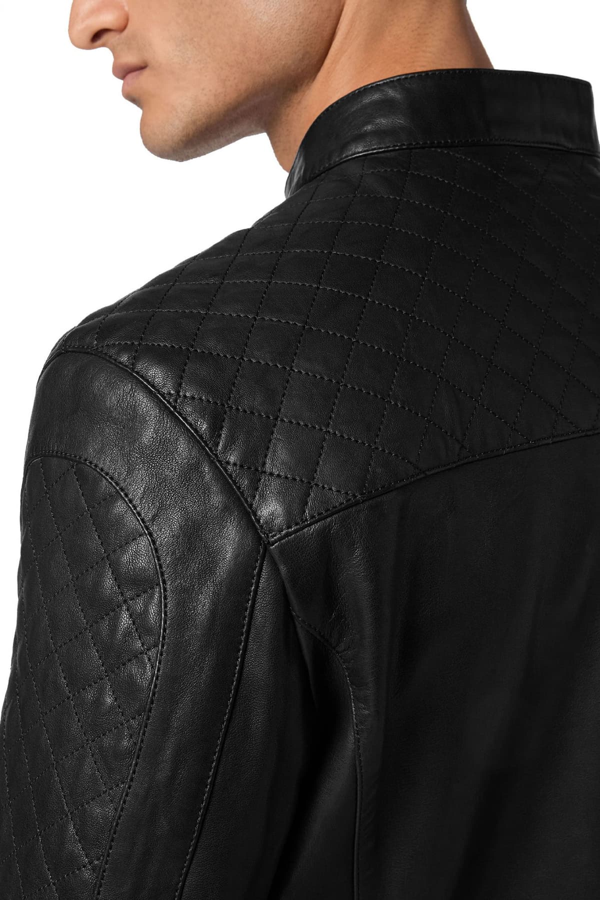 PHILIPP PLEIN ΜΠΟΥΦΑΝ ΔΕΡΜΑΤΙΝΟ PADDED LEATHER MOTO BOMBER LOGO ΜΕΤΑΛΛΙΚΟ ΜΑΥΡΟ