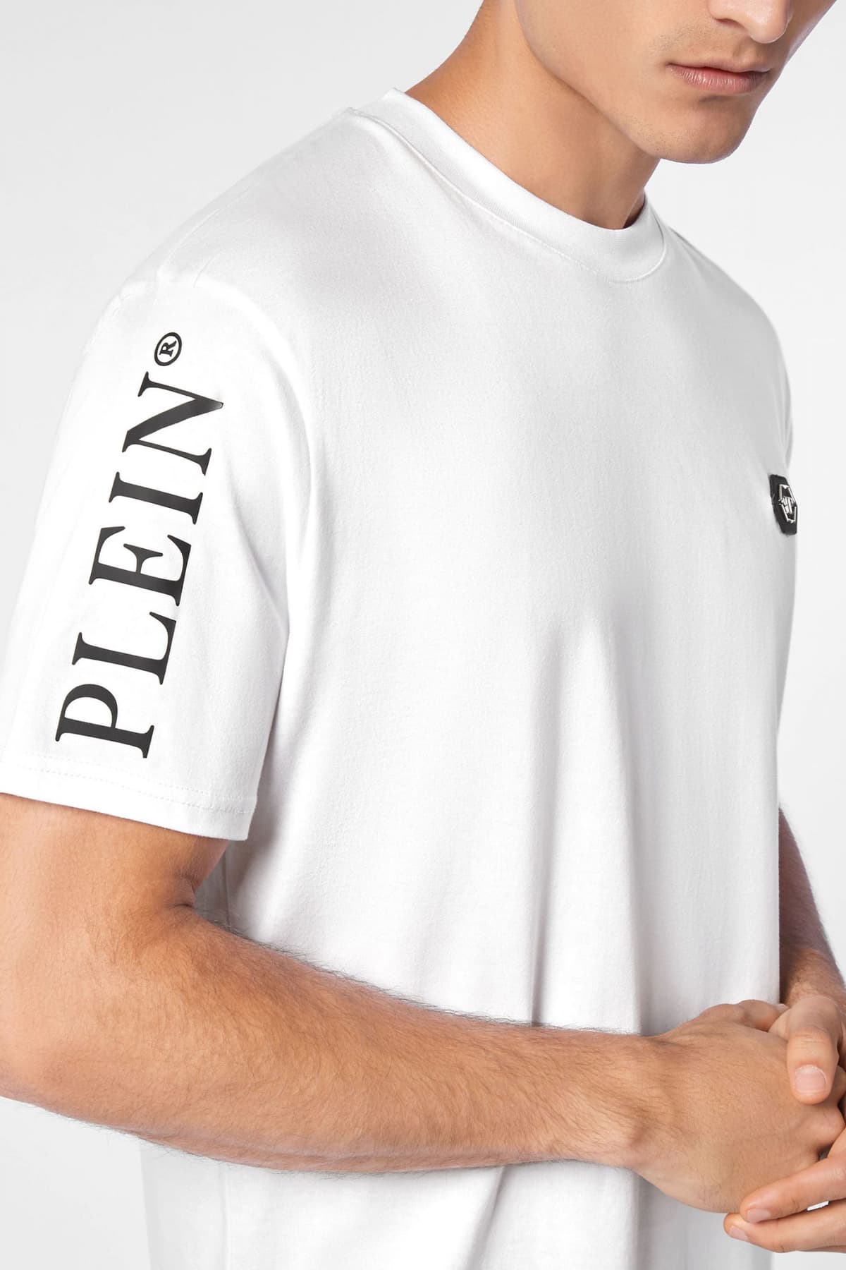 PHILIPP PLEIN T-SHIRT ROUND NECK SS LOGO ΜΕΤΑΛΛΙΚΟ ΛΕΥΚΟ