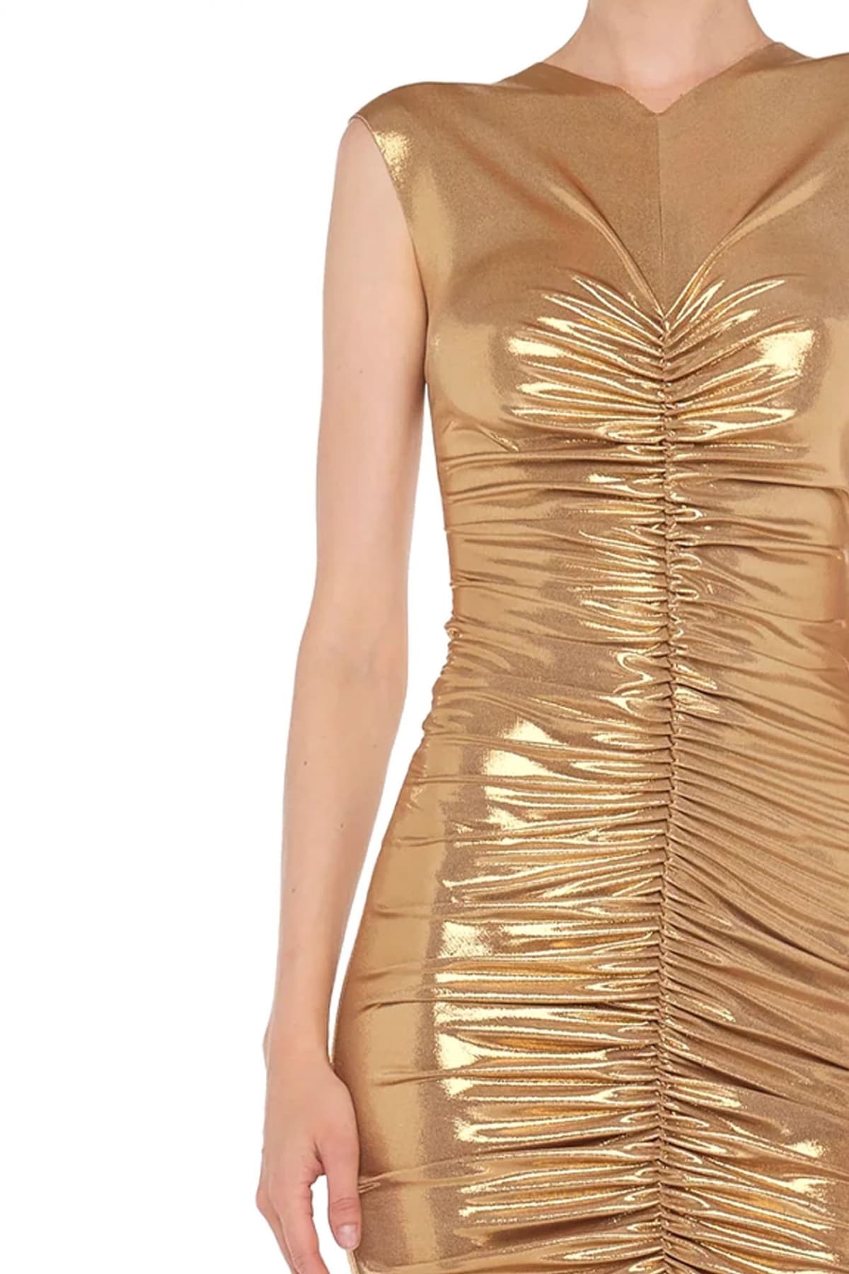 NORMA KAMALI ΦΟΡΕΜΑ SLEEVELESS V NECK SHIRED FRONT DRESS TO KNEE ΧΡΥΣΟ