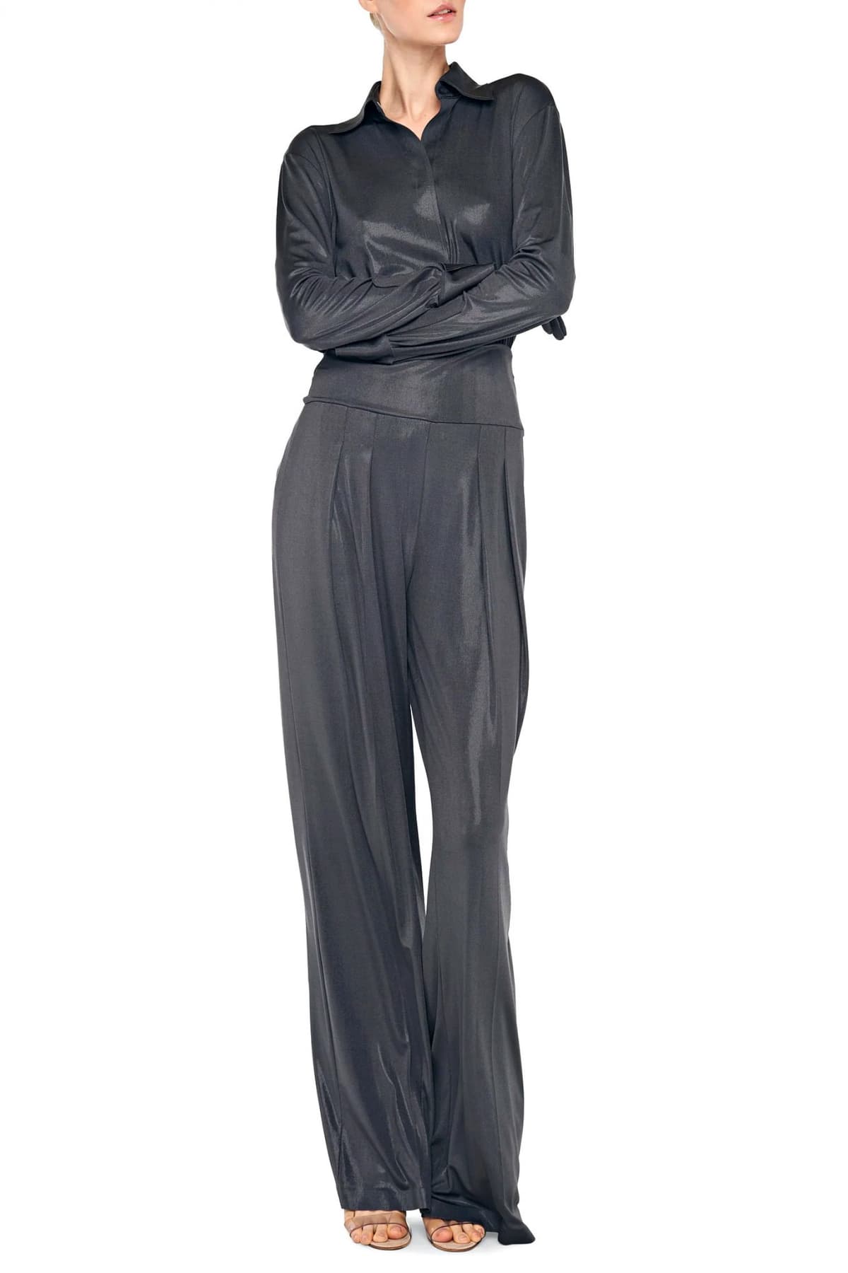 NORMA KAMALI ΠΑΝΤΕΛΟΝΑ YOKE WAISTBAND STRAIGHT LEG PLEATED TROUSER ΣΚΟΥΡΟ ΓΚΡΙ