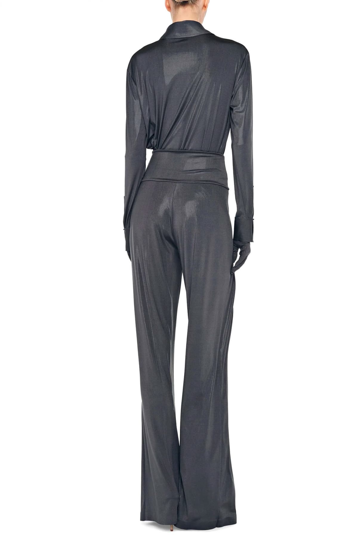 NORMA KAMALI ΠΑΝΤΕΛΟΝΑ YOKE WAISTBAND STRAIGHT LEG PLEATED TROUSER ΣΚΟΥΡΟ ΓΚΡΙ