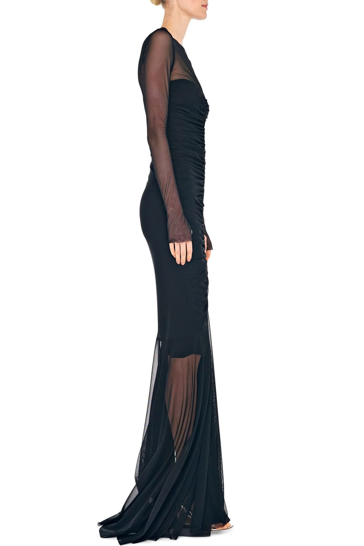 NORMA KAMALI ΦΟΡΕΜΑ V NECK ΤΟΥΛΙ FISHTAIL GOWN ΜΑΥΡΟ