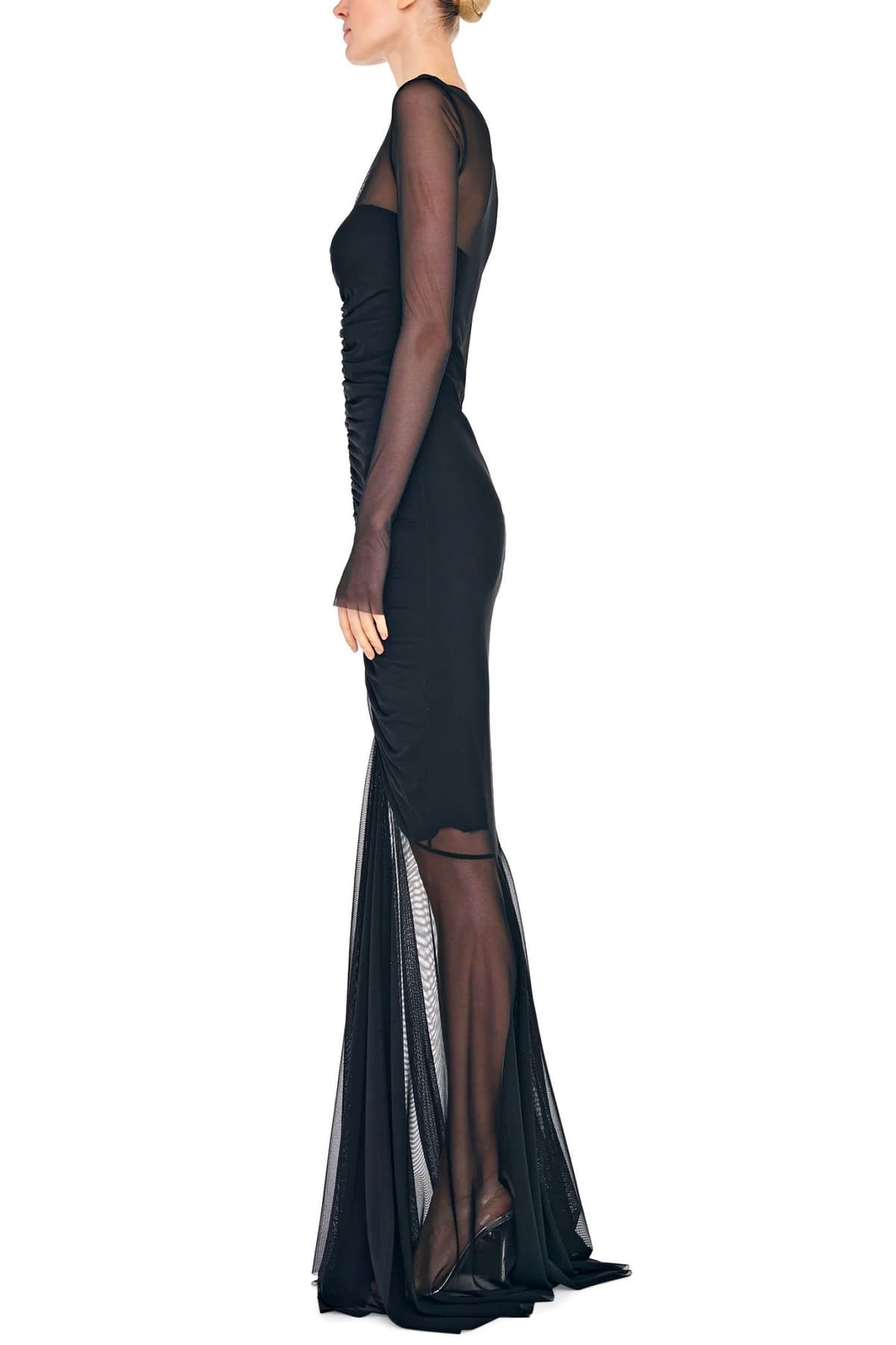 NORMA KAMALI ΦΟΡΕΜΑ V NECK ΤΟΥΛΙ FISHTAIL GOWN ΜΑΥΡΟ