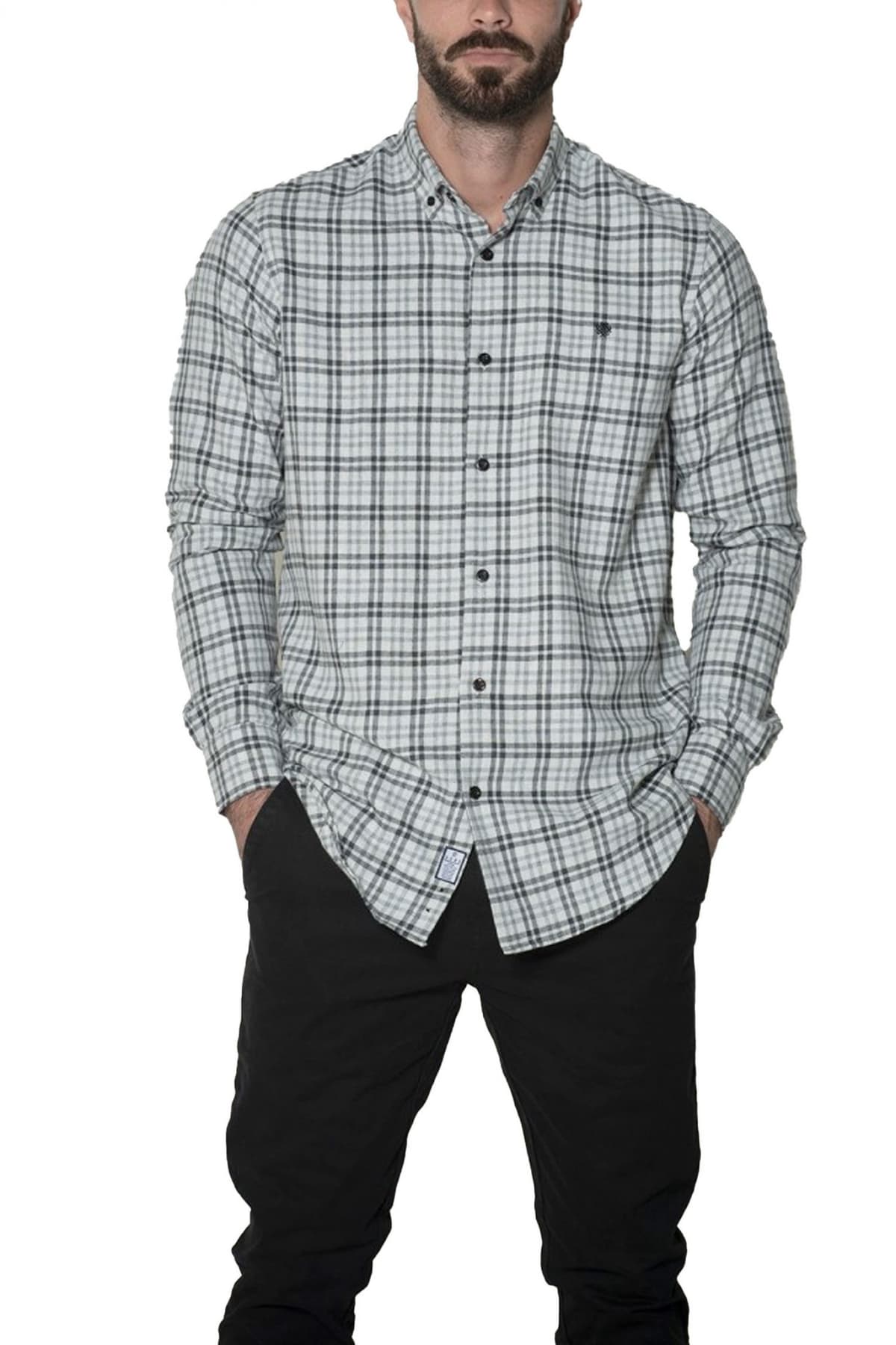 DORS ΠΟΥΚΑΜΙΣΟ BUTTON DOWN ΚΑΡΩ LOGO ΓΚΡΙ-ΜΑΥΡΟ