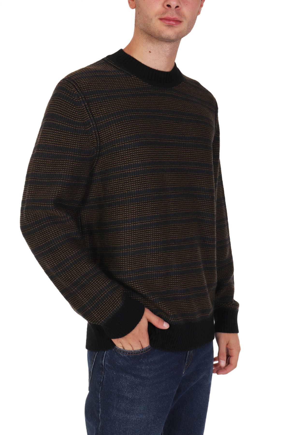 BOSS CASUAL ΠΛΕΚΤΟ CREW NECK ΡΙΓΕ AMODERO ΜΑΥΡΟ-ΚΑΦΕ