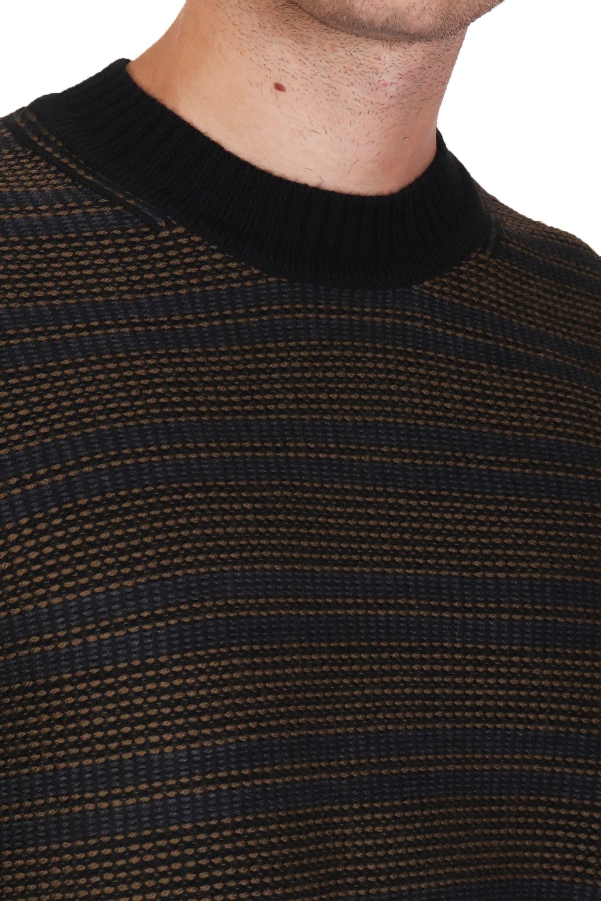 BOSS CASUAL ΠΛΕΚΤΟ CREW NECK ΡΙΓΕ AMODERO ΜΑΥΡΟ-ΚΑΦΕ