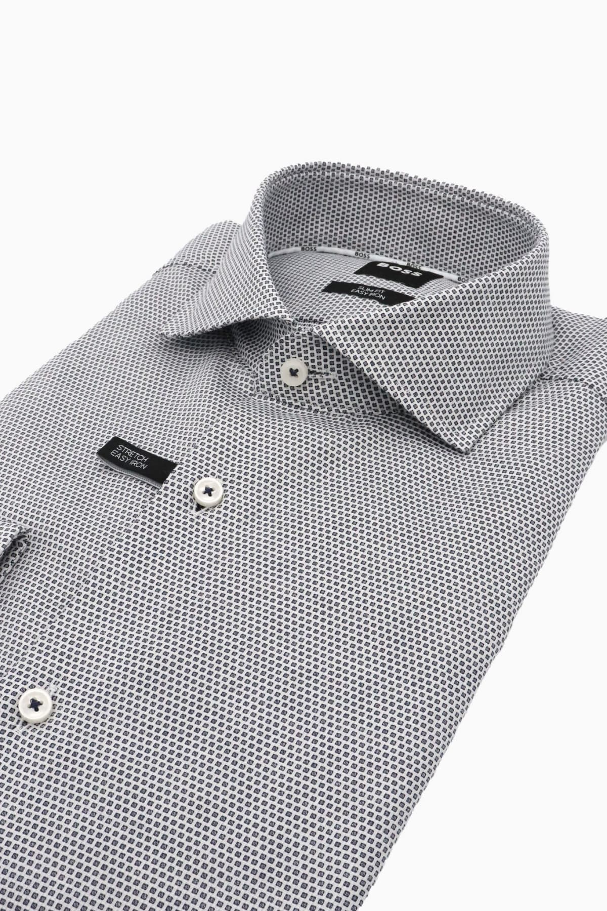 BOSS ΠΟΥΚΑΜΙΣΟ ΜΙΚΡΟΣΧΕΔΙΟ SLIM FIT EASY IRON H-HANK-SPREAD-C1-222 ΜΠΛΕ-ΛΕΥΚΟ