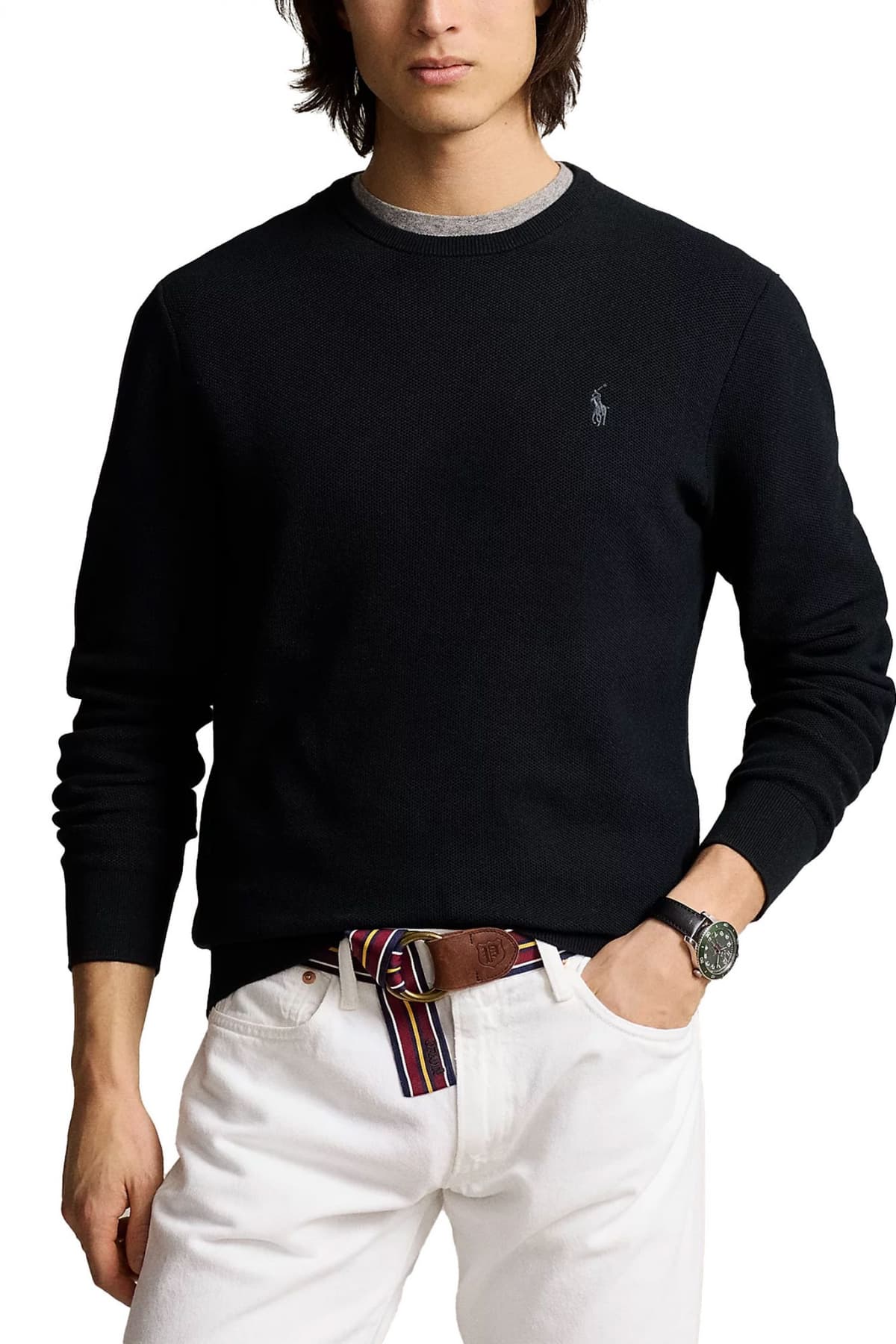 RALPH LAUREN ΠΛΕΚΤΟ CREW NECK LOGO ΜΑΥΡΟ