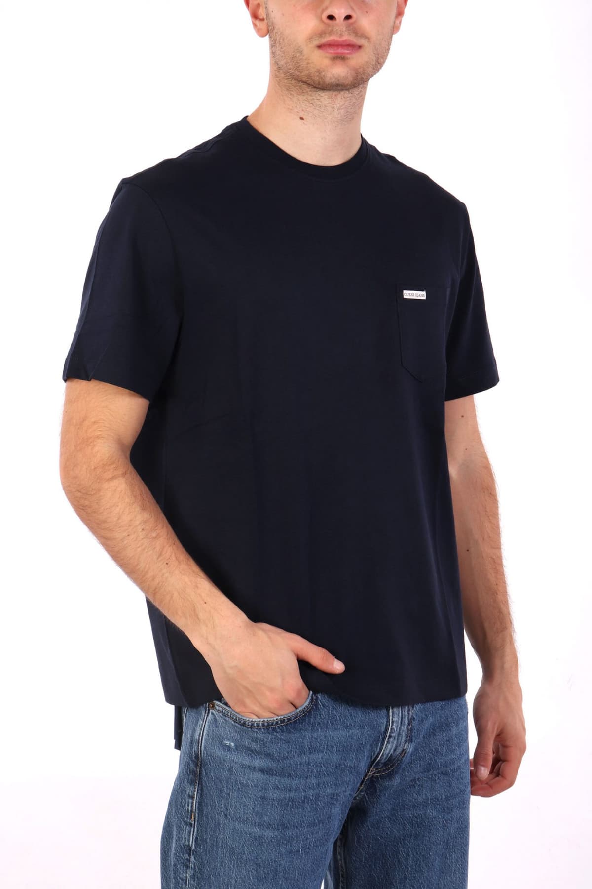 GUESS JEANS T-SHIRT CREWNECK REGULAR FIT LOGO ΜΠΛΕ