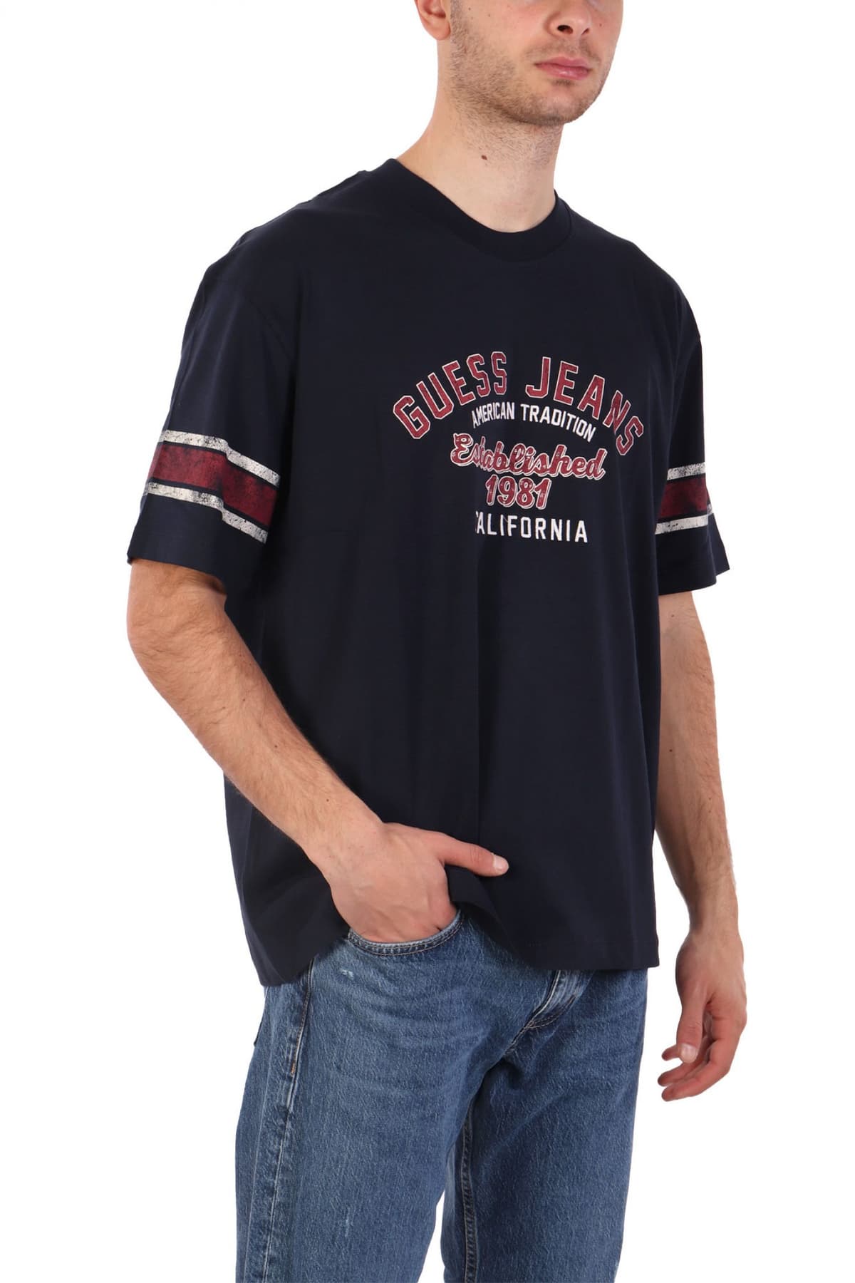 GUESS JEANS T-SHIRT CREWNECK OVERSIZED FIT LOGO ΜΠΛΕ
