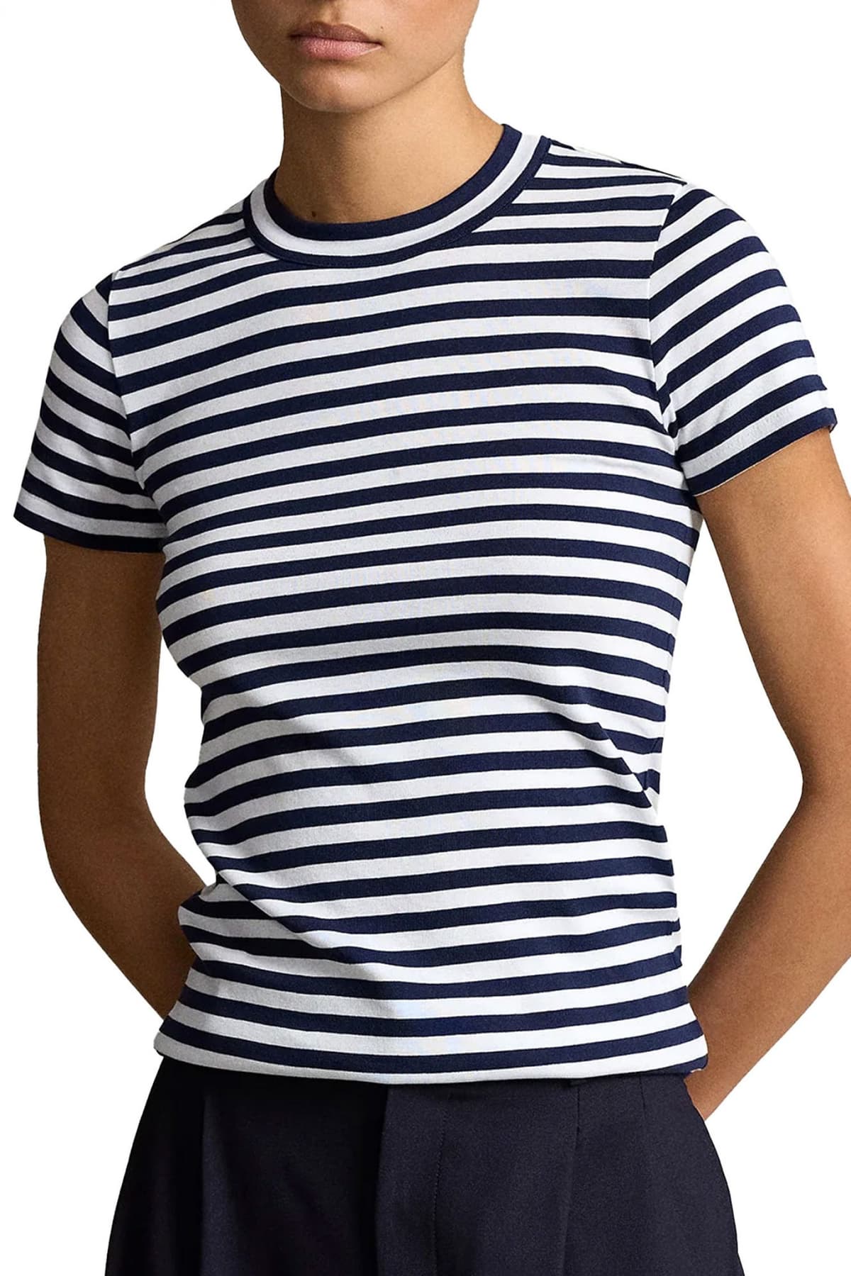 RALPH LAUREN T-SHIRT ΛΑΙΜΟΚΟΨΗ ΡΙΓΕ ΛΕΥΚΟ-ΜΠΛΕ