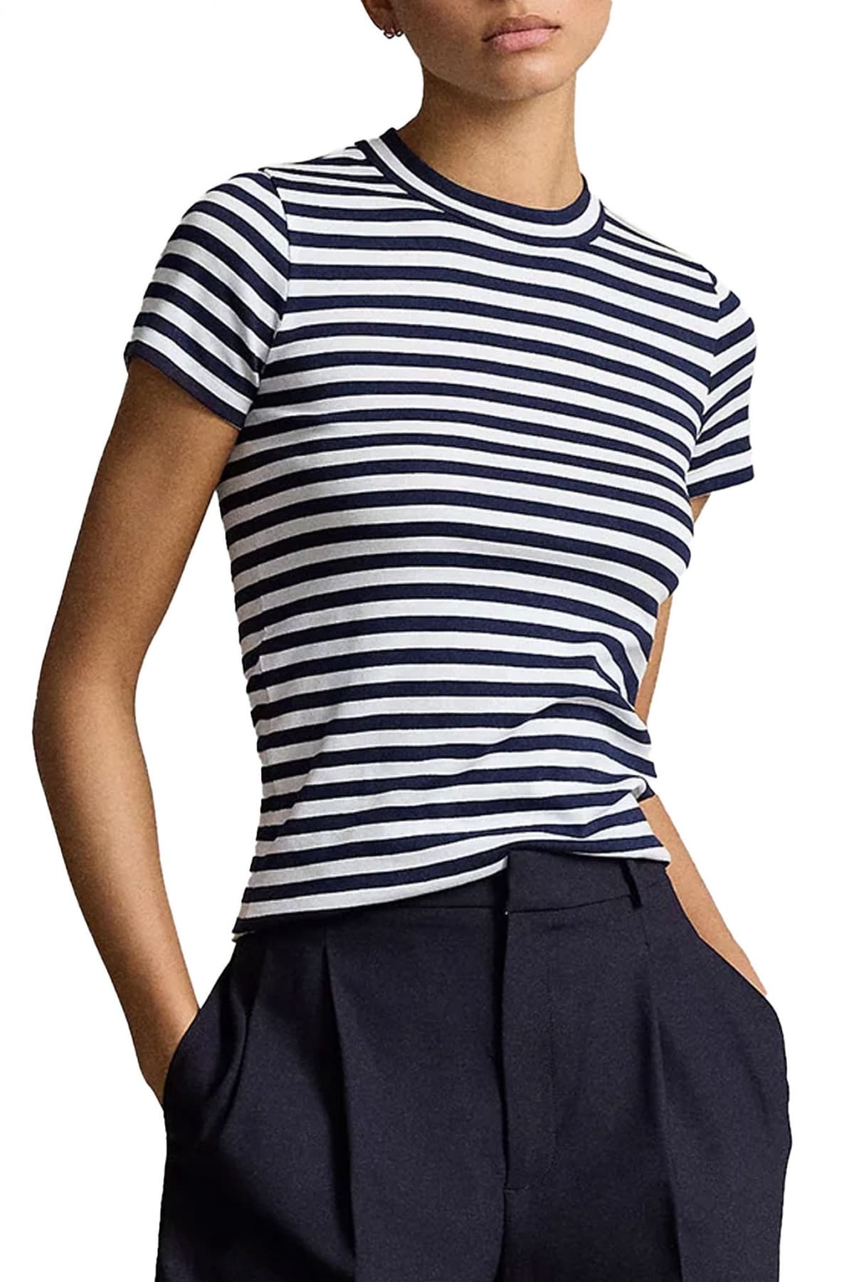 RALPH LAUREN T-SHIRT ΛΑΙΜΟΚΟΨΗ ΡΙΓΕ ΛΕΥΚΟ-ΜΠΛΕ