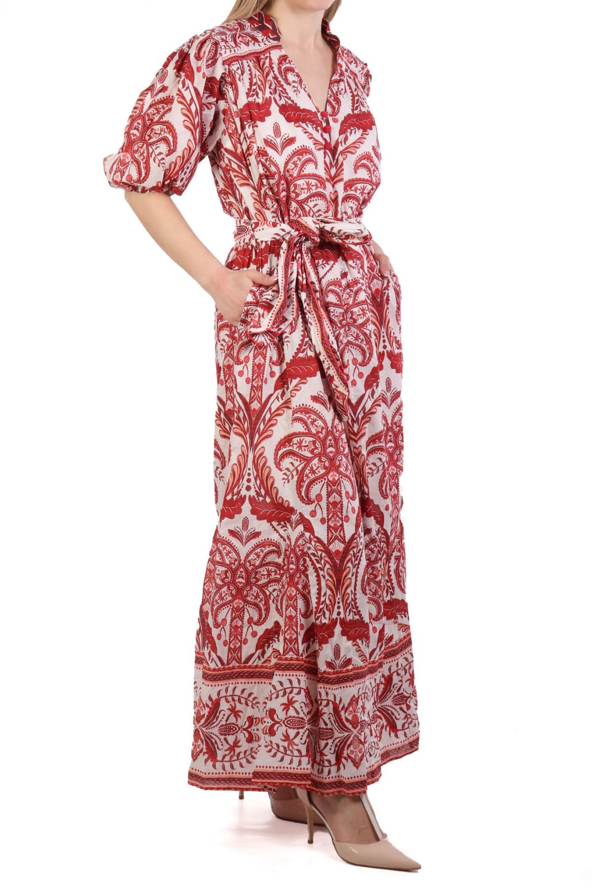 FARM RIO ΦΟΡΕΜΑ MAXI TROPICAL CAMEO V-NECK ΕΜΠΡΙΜΕ ΖΩΝΗ ΕΚΡΟΥ-ΚΟΚΚΙΝΟ