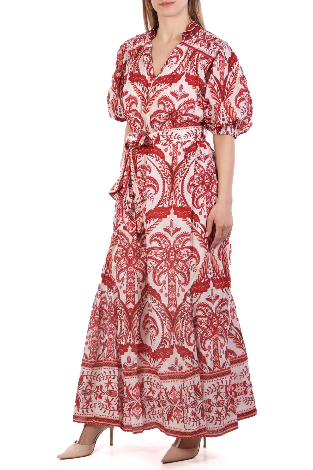 FARM RIO ΦΟΡΕΜΑ MAXI TROPICAL CAMEO V-NECK ΕΜΠΡΙΜΕ ΖΩΝΗ ΕΚΡΟΥ-ΚΟΚΚΙΝΟ