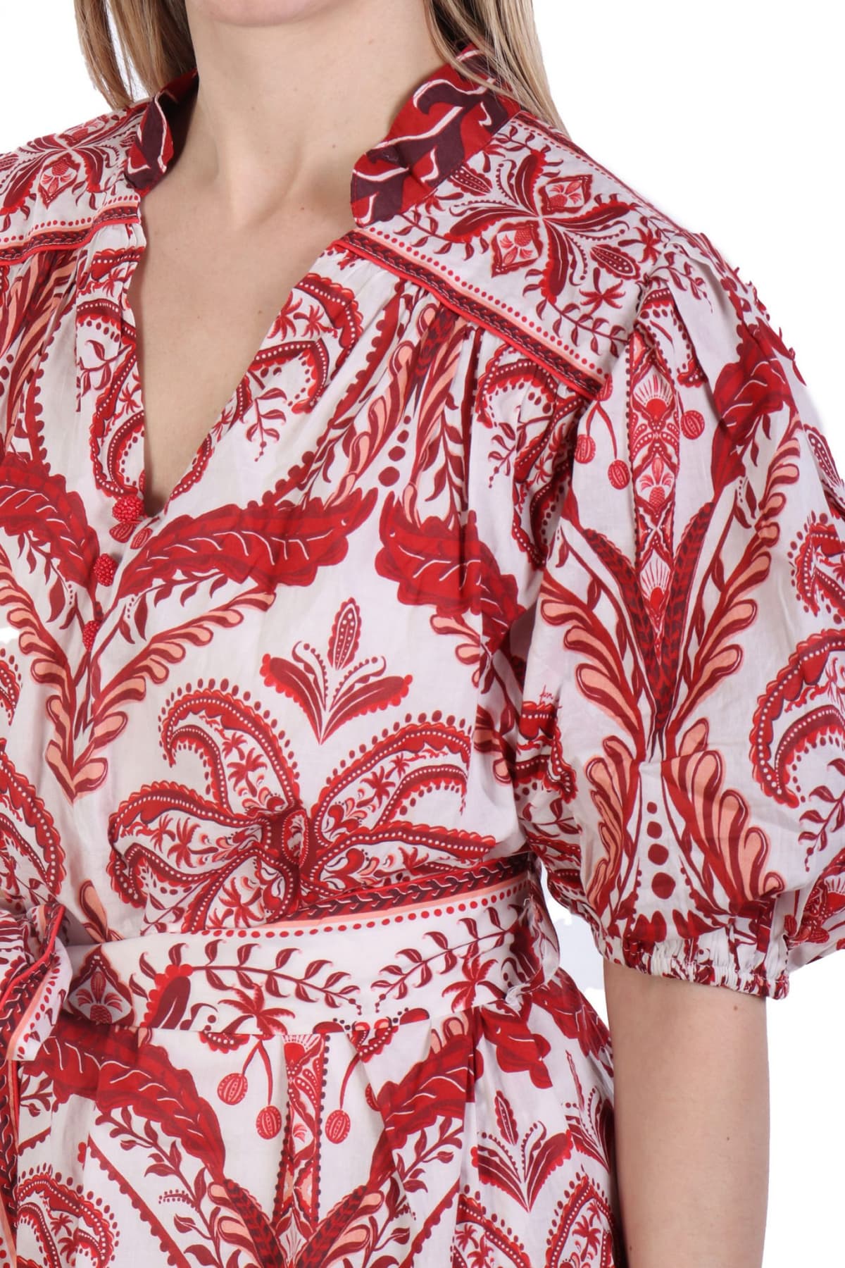 FARM RIO ΦΟΡΕΜΑ MAXI TROPICAL CAMEO V-NECK ΕΜΠΡΙΜΕ ΖΩΝΗ ΕΚΡΟΥ-ΚΟΚΚΙΝΟ