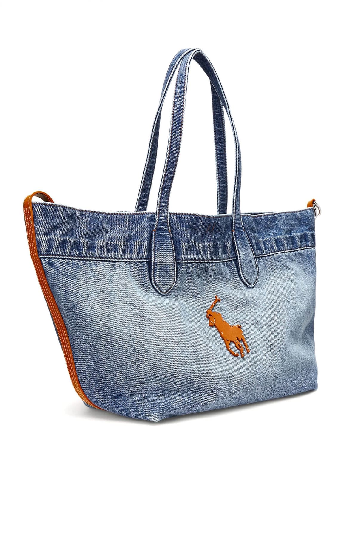 RALPH LAUREN ΤΣΑΝΤΑ ΩΜΟΥ DENIM ΔΕΡΜΑΤΙΝΕΣ ΛΕΠΤΟΜΕΡΕΙΕΣ ΦΕΡΜΟΥΑΡ LOGO ΜΠΛΕ-ΚΑΦΕ