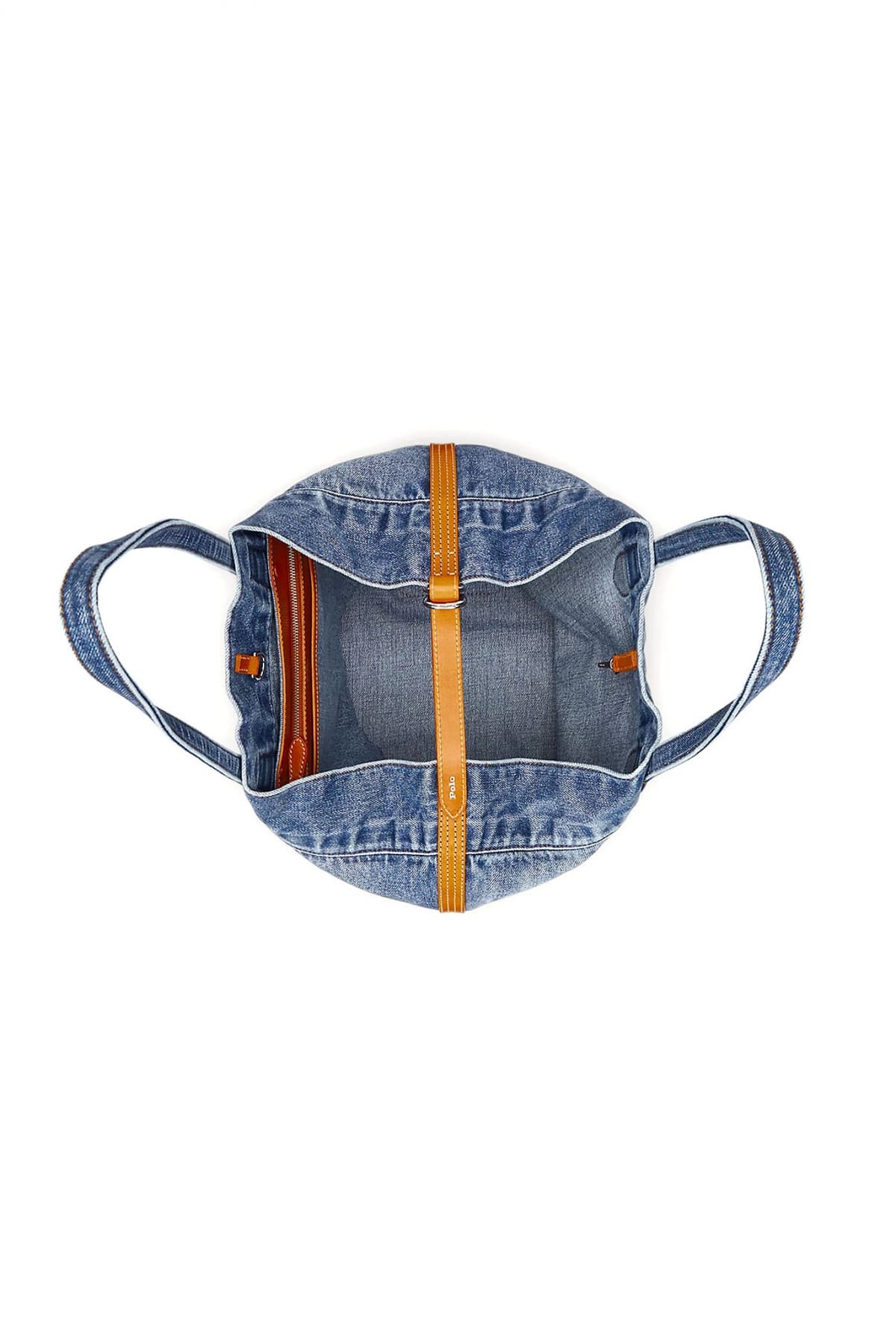 RALPH LAUREN ΤΣΑΝΤΑ ΩΜΟΥ DENIM ΔΕΡΜΑΤΙΝΕΣ ΛΕΠΤΟΜΕΡΕΙΕΣ ΦΕΡΜΟΥΑΡ LOGO ΜΠΛΕ-ΚΑΦΕ