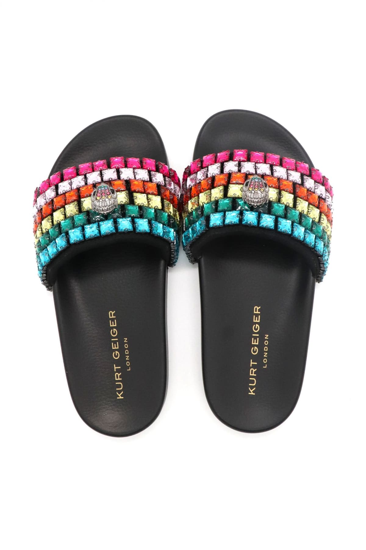 KURT GEIGER ΠΑΠΟΥΤΣΙΑ ΠΑΝΤΟΦΛΕΣ MEENA EAGLE JEWEL ΜΕΤΑΛΛΙΚΕΣ ΠΕΤΡΕΣ ΠΟΛΥΧΡΩΜΕΣ LOGO MAYΡΟ