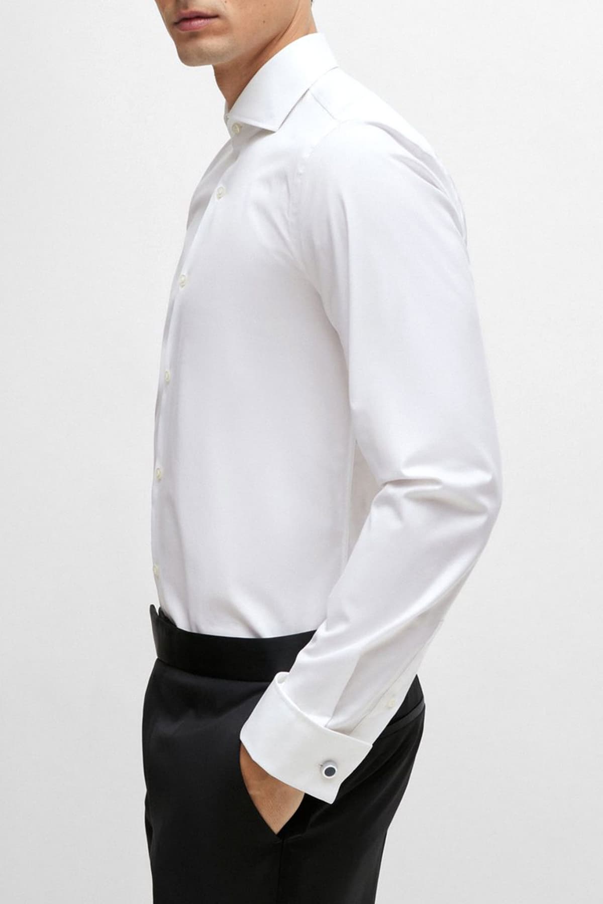 BOSS ΠΟΥΚΑΜΙΣΟ ΜΑΝΙΚΕΤΟΚΟΥΜΠΟ SLIM FIT STRETCH H-HANK-SPREAD-DC-214 ΛΕΥΚΟ