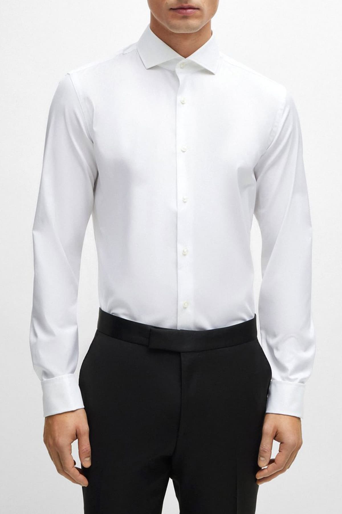 BOSS ΠΟΥΚΑΜΙΣΟ ΜΑΝΙΚΕΤΟΚΟΥΜΠΟ SLIM FIT STRETCH H-HANK-SPREAD-DC-214 ΛΕΥΚΟ