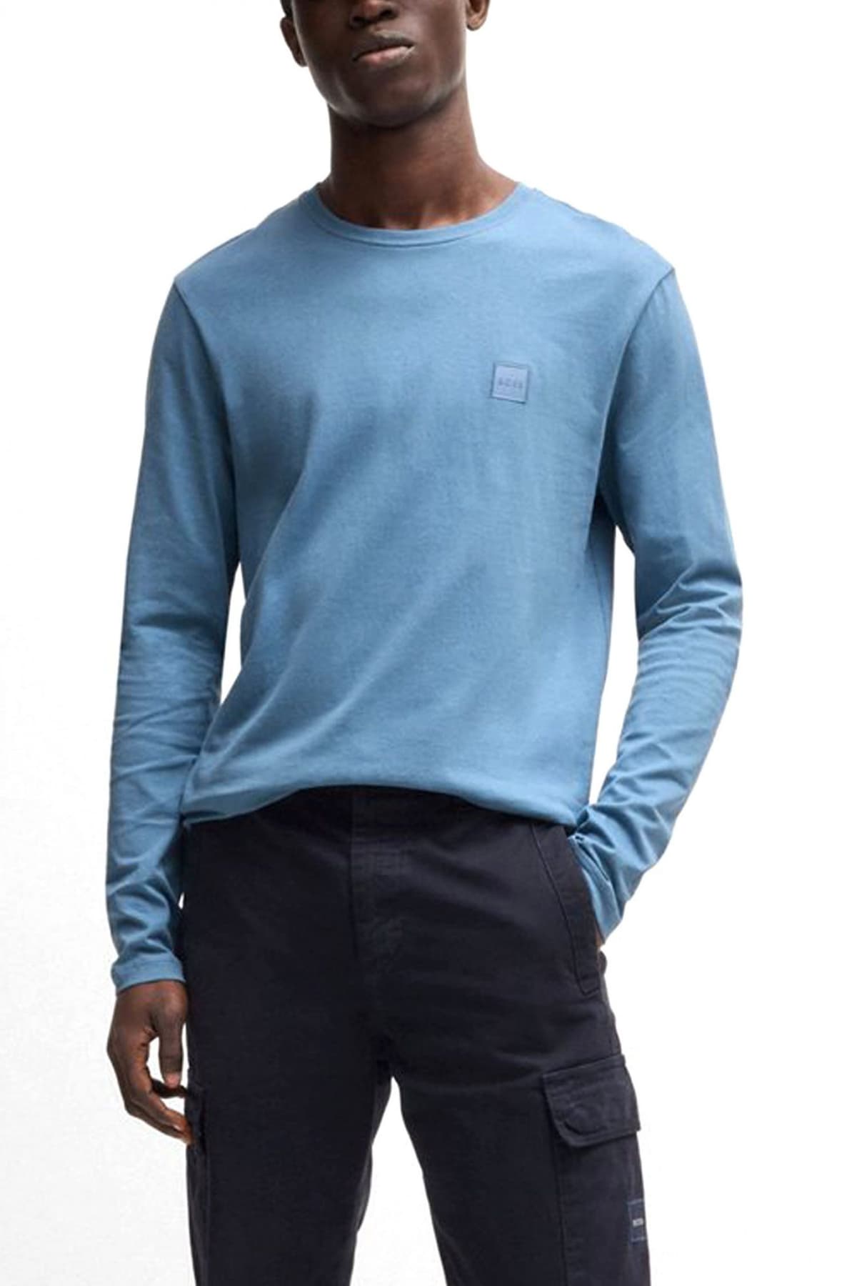 BOSS CASUAL T-SHIRT ΜΑΚΡΥΜΑΝΙΚΟ REGULAR FIT TACKS ΑΝΟΙΧΤΟ ΜΠΛΕ