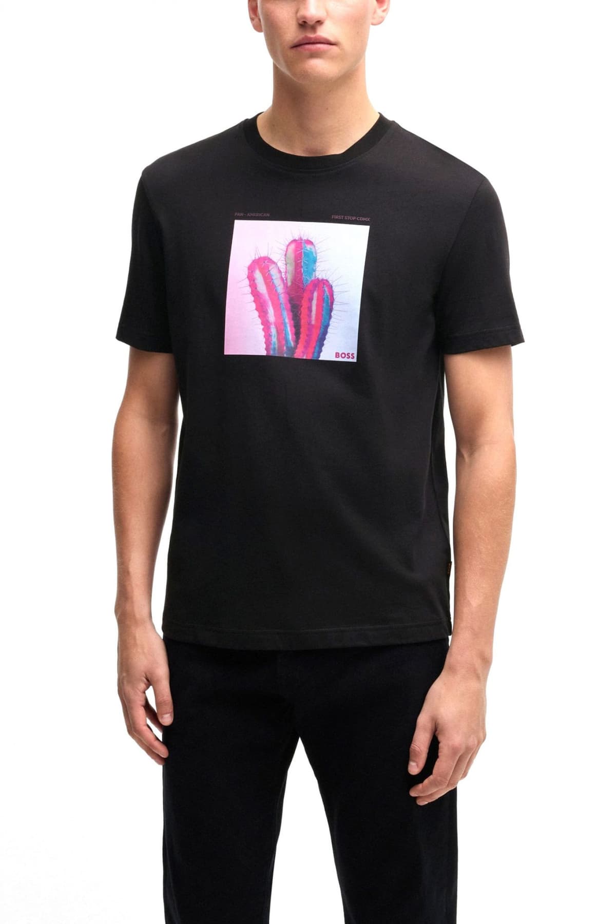 BOSS CASUAL T-SHIRT ΜΕ ΣΤΑΜΠΑ REGULAR FIT TE_MEXTOUR ΜΑΥΡΟ