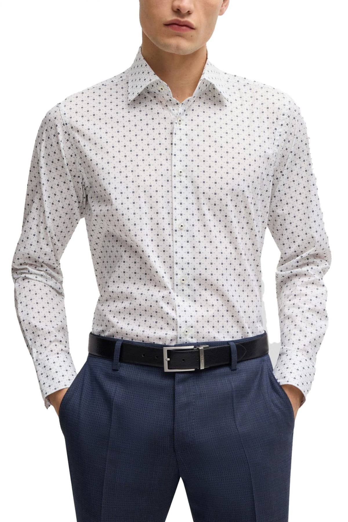 BOSS ΠΟΥΚΑΜΙΣΟ ΜΙΚΡΟΣΧΕΔΙΟ REGULAR FIT STRETCH H-JOE-KENT-C1-214 ΛΕΥΚΟ