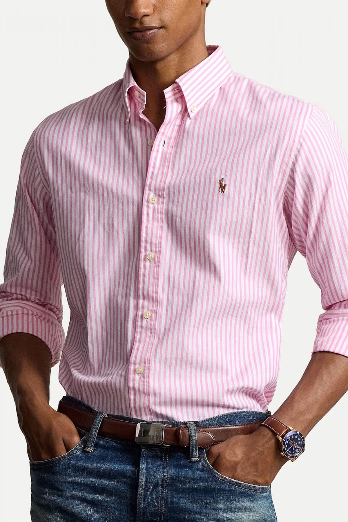 RALPH LAUREN ΠΟΥΚΑΜΙΣΟ ΡΙΓΕ BUTTON DOWN OXFORD CUSTOM FIT ΡΟΖ-ΛΕΥΚΟ