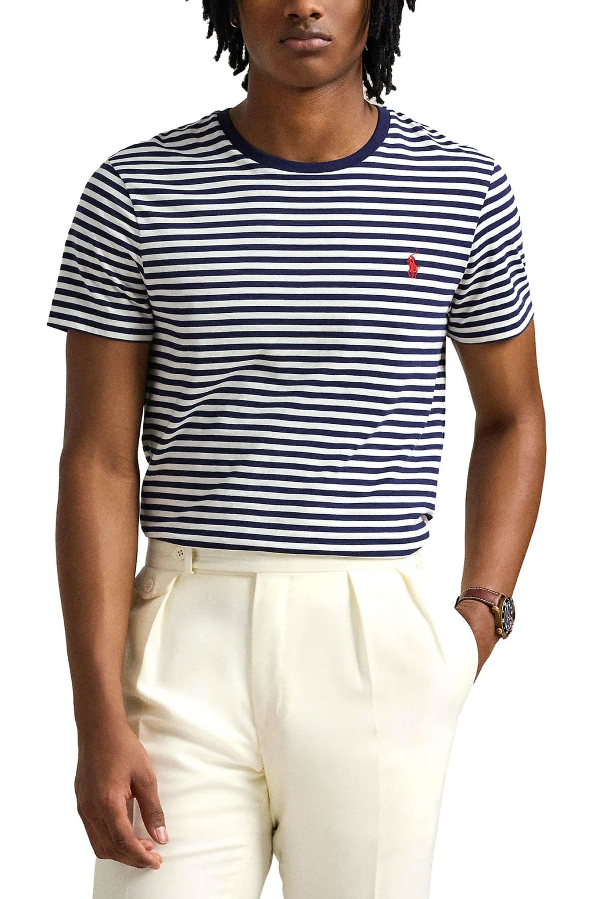 RALPH LAUREN T-SHIRT ΡΙΓΕ CUSTOM SLIM FIT ΜΠΛΕ-ΛΕΥΚΟ