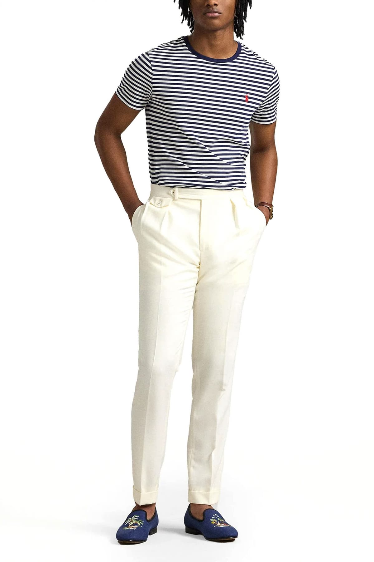 RALPH LAUREN T-SHIRT ΡΙΓΕ CUSTOM SLIM FIT ΜΠΛΕ-ΛΕΥΚΟ