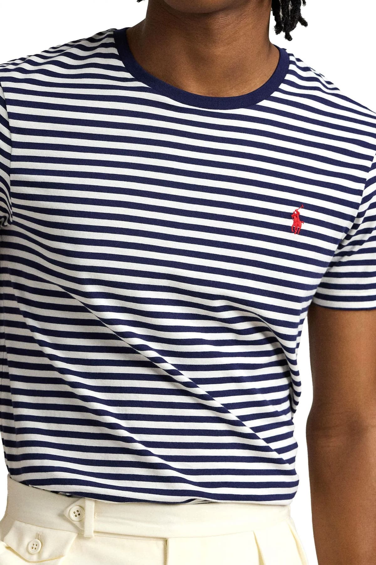 RALPH LAUREN T-SHIRT ΡΙΓΕ CUSTOM SLIM FIT ΜΠΛΕ-ΛΕΥΚΟ