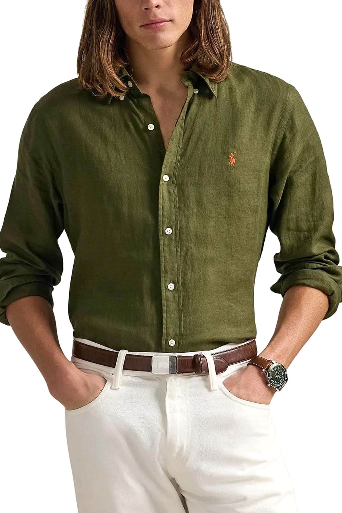 RALPH LAUREN ΠΟΥΚΑΜΙΣΟ BUTTON DOWN ΛΙΝΟ CUSTOM FIT LOGO ΧΑΚΙ