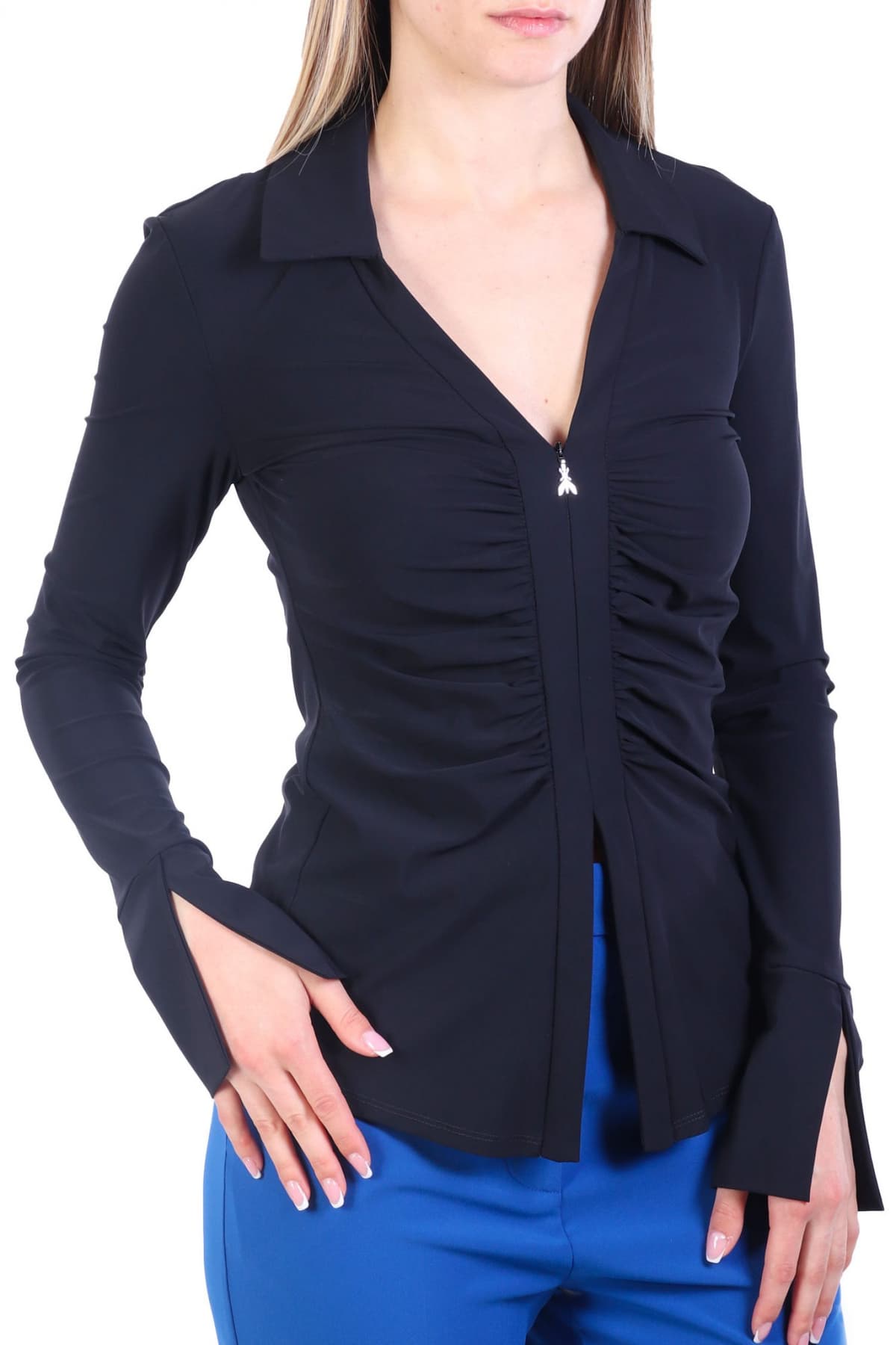 PATRIZIA PEPE MAGLIA ΜΠΛΟΥΖΑ ΣΟΥΡΑ ΜΕΣΗ ΦΕΡΜΟΥΑΡ ΑΝΟΙΓΜΑ ΜΑΥΡΟ