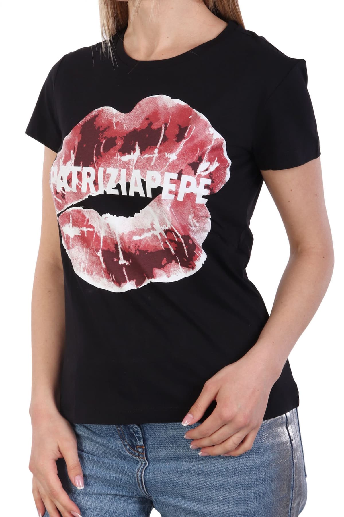PATRIZIA PEPE MAGLIA T-SHIRT LOGO ΜΑΥΡΟ-ΜΠΟΡΝΤΩ