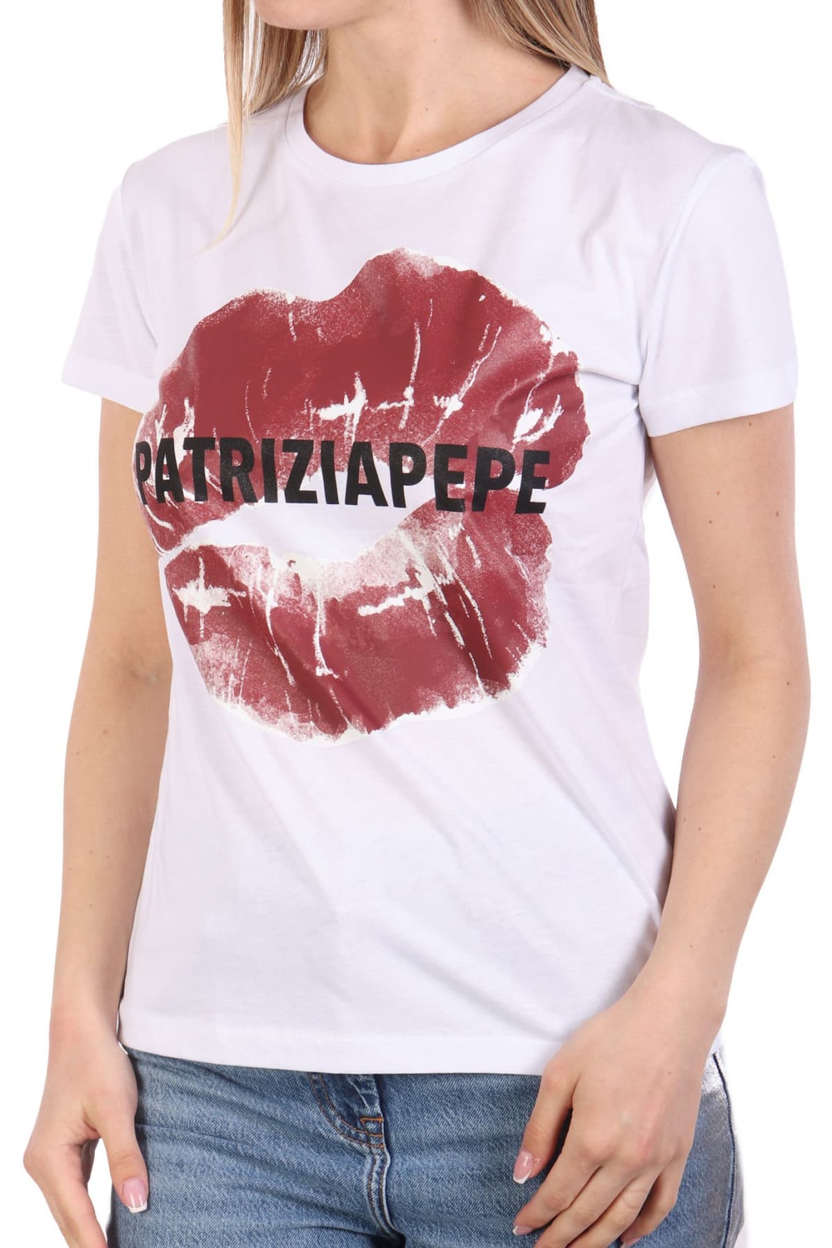 PATRIZIA PEPE MAGLIA T-SHIRT LOGO ΛΕΥΚΟ-ΜΠΟΡΝΤΩ