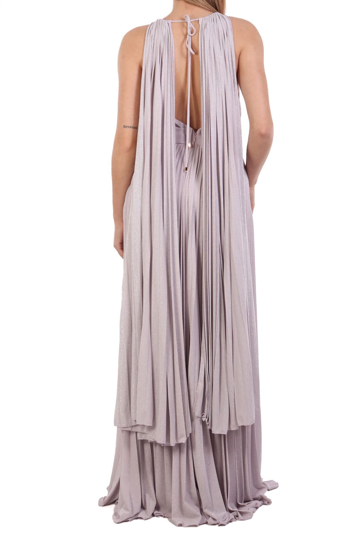 ELISABETTA FRANCHI ΦΟΡΕΜΑ RED CARPET MAXI ΠΛΙΣΕ ΑΝΟΙΓΜΑ ΜΠΡΟΣΤΑ LUREX ΑΠΑΛΟ ΡΟΖ