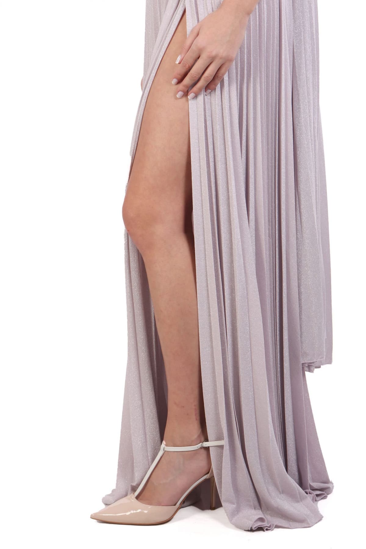 ELISABETTA FRANCHI ΦΟΡΕΜΑ RED CARPET MAXI ΠΛΙΣΕ ΑΝΟΙΓΜΑ ΜΠΡΟΣΤΑ LUREX ΑΠΑΛΟ ΡΟΖ